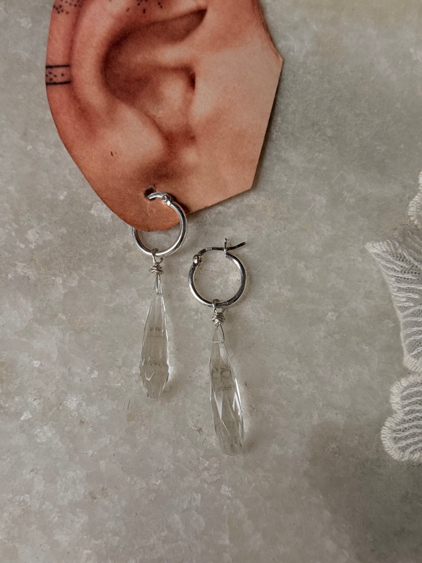 925 Sterling Silver Clear Quartz Drop Carved Charm Italian Hoops Handcrafted