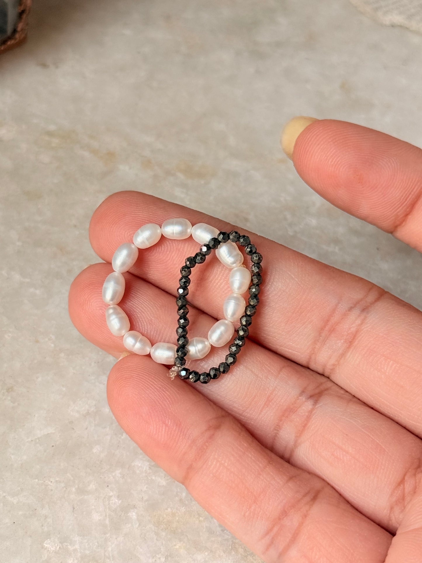 Natural Crystal Stretchy Fresh Water Pearl & Pyrite Rings