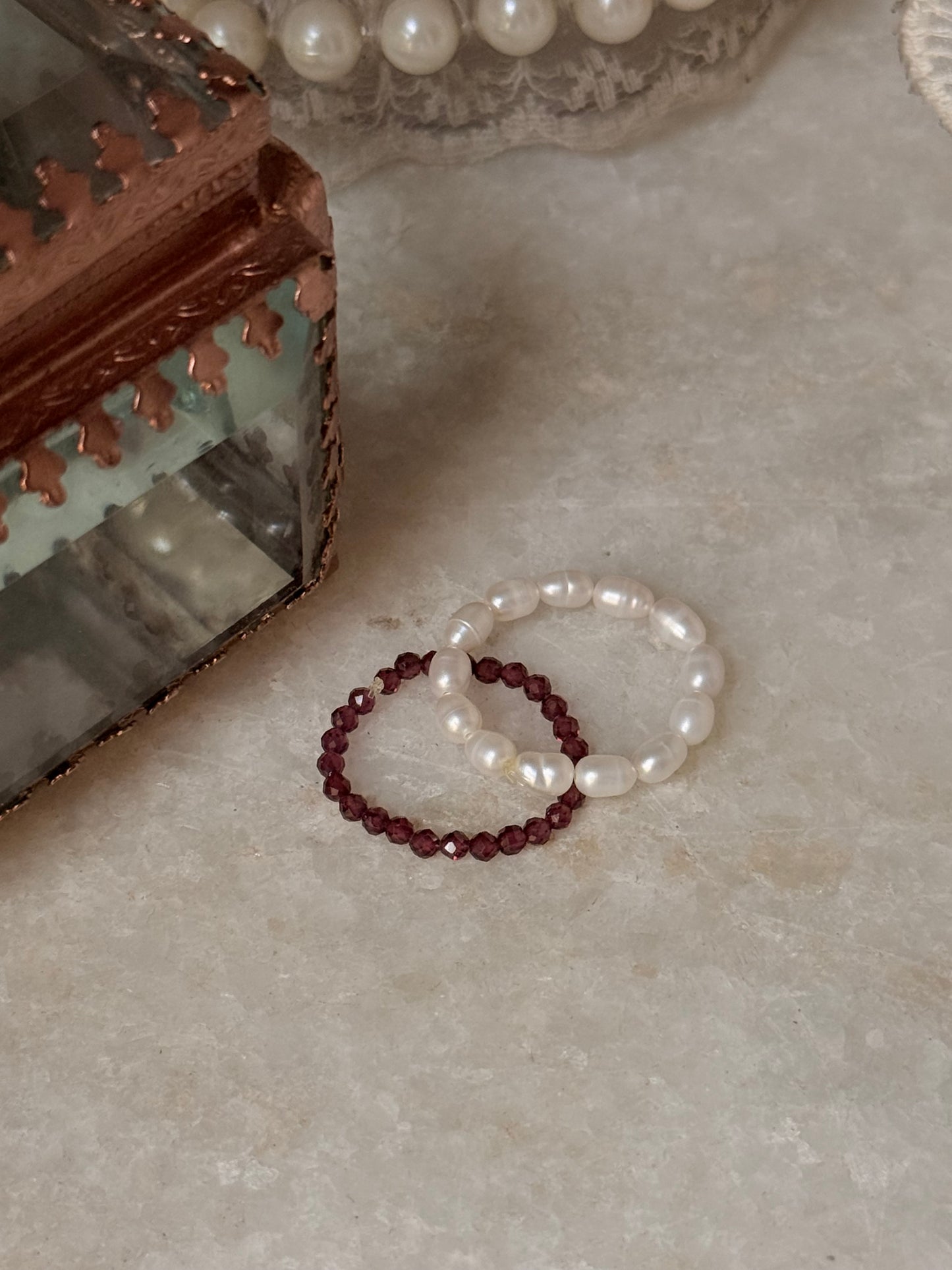 Natural Crystal Stretchy Fresh Water Pearl & Garnet Rings