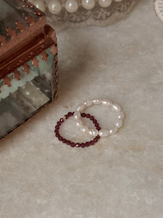 Natural Crystal Stretchy Fresh Water Pearl & Garnet Rings