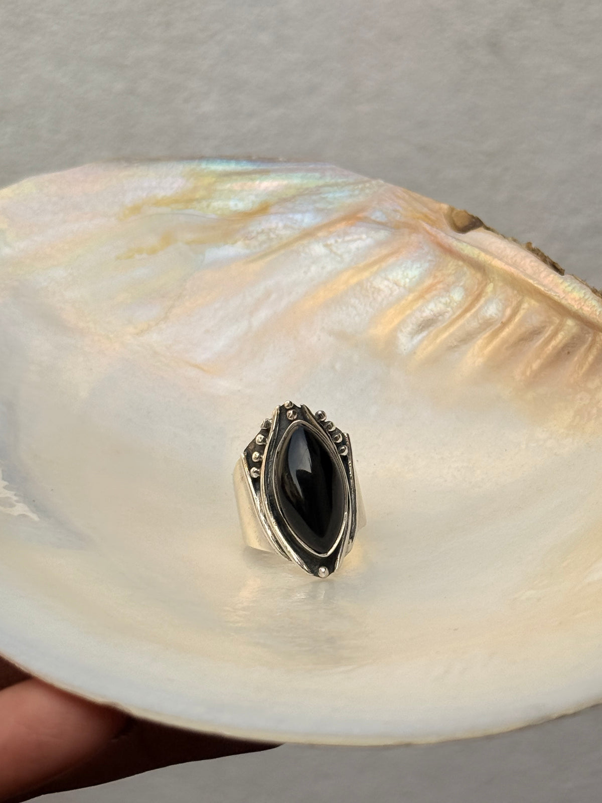 925 Sterling Silver Black Onyx Marquise Gothic Rustic Ring