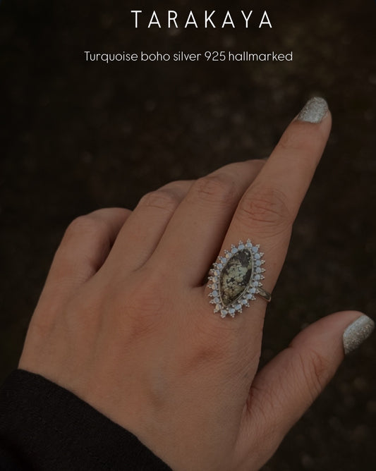 925 Sterling Silver Turquoise Marquise Boho Ring