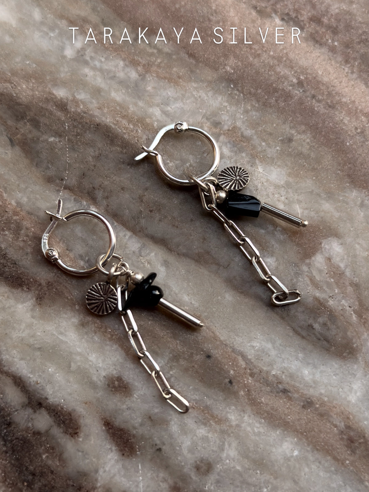 925 Sterling Silver Black Onyx & Tourmaline, Coin Hoops