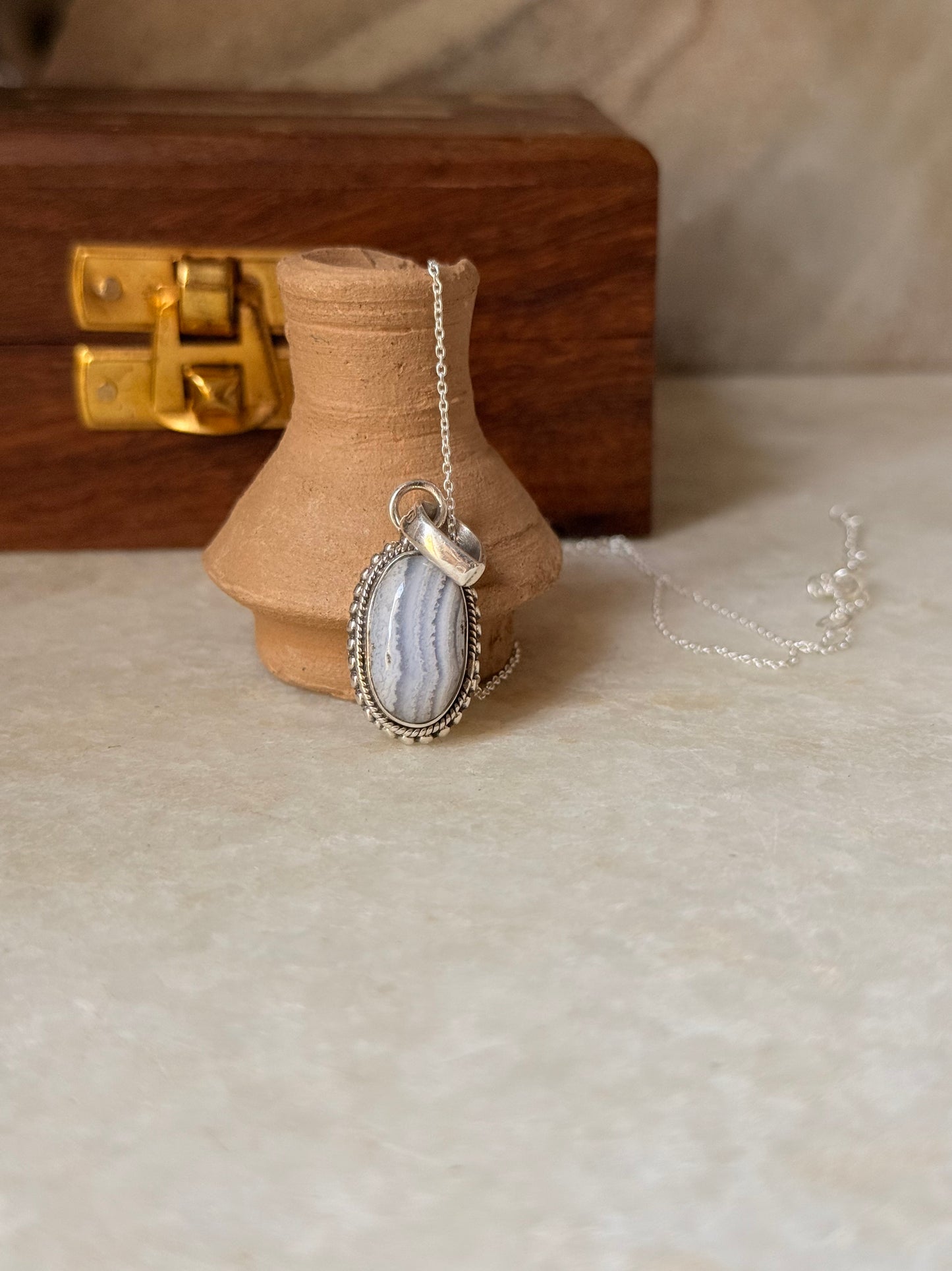 925 Sterling Silver Blue Lace Agate Handcrafted Oval Rawa Pendant