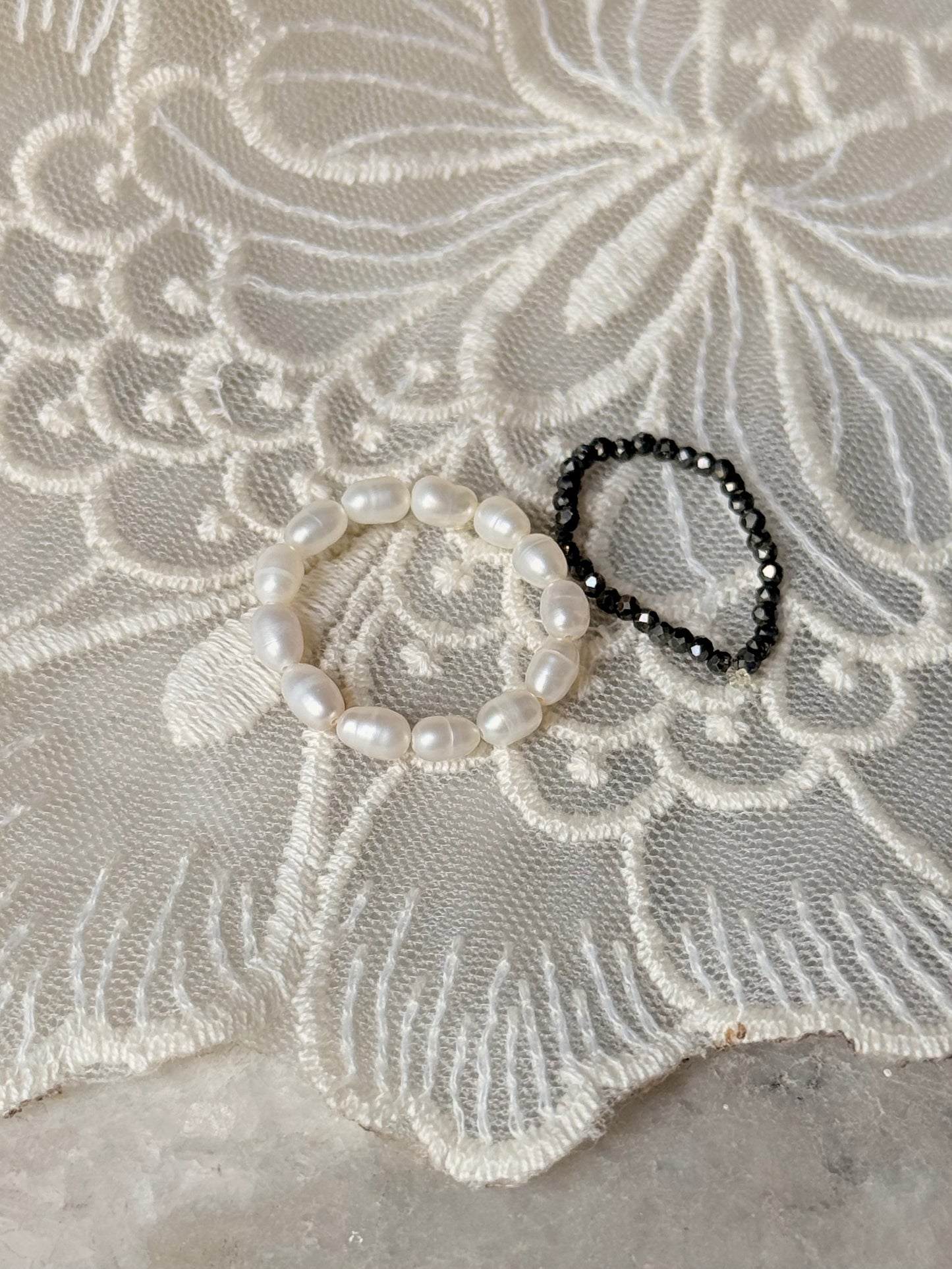 Natural Crystal Stretchy Fresh Water Pearl & Pyrite Rings
