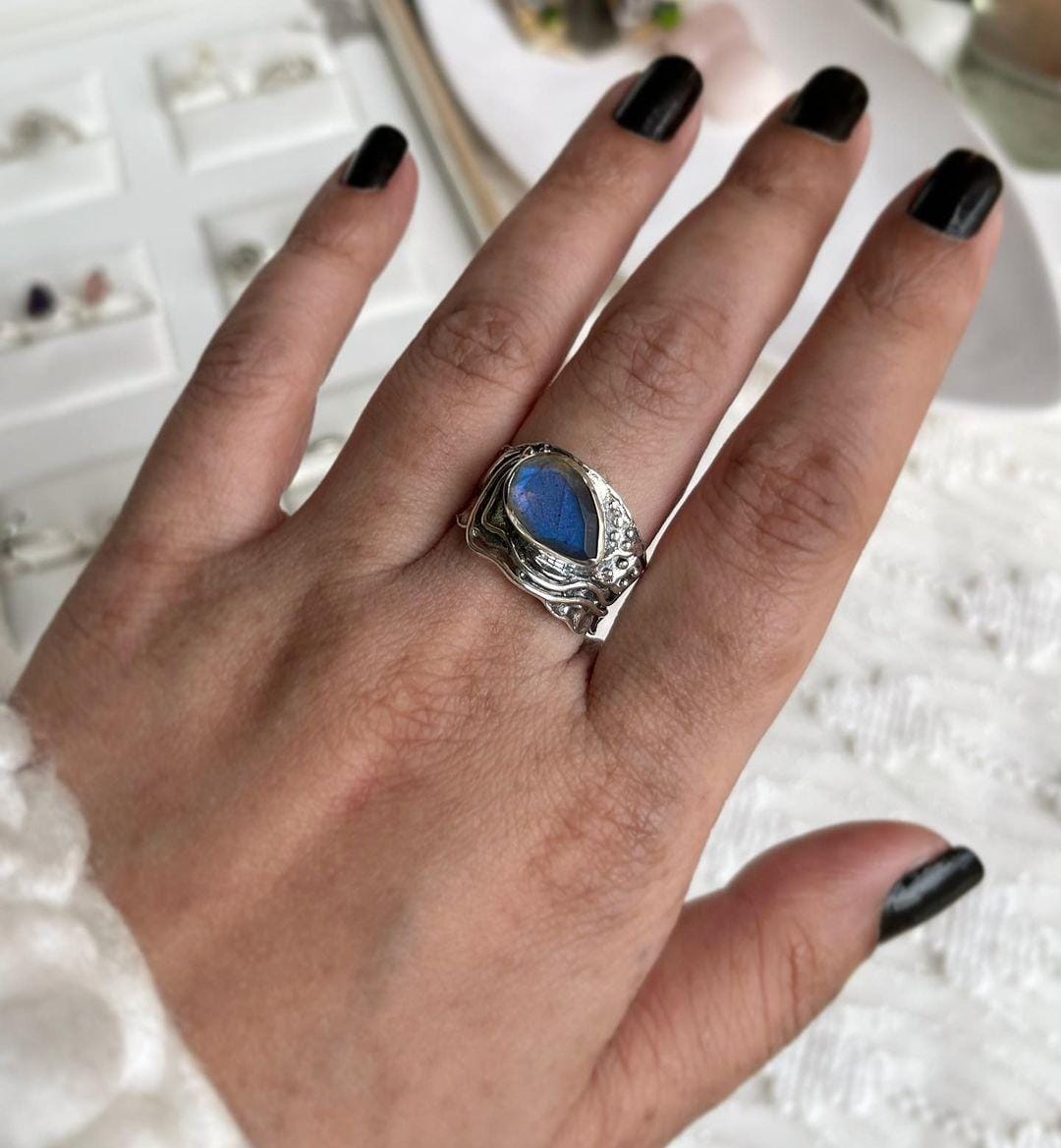 Labradorite Pear Rustic Silver Ring with Unique Design
