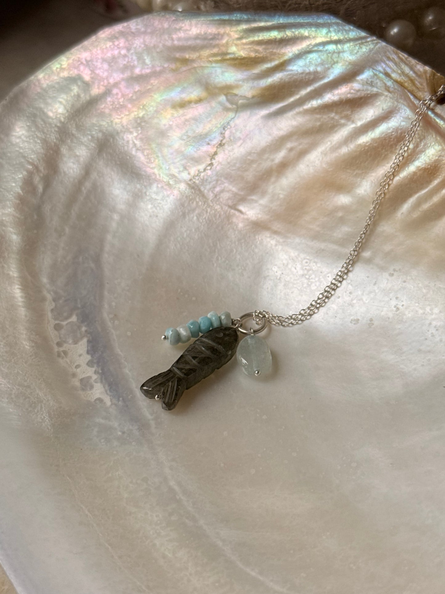 925 Sterling Silver Labradorite Fish Carved , Larimar & Aquamarine Small Tumble Charms Dainty Cable Chain Necklace