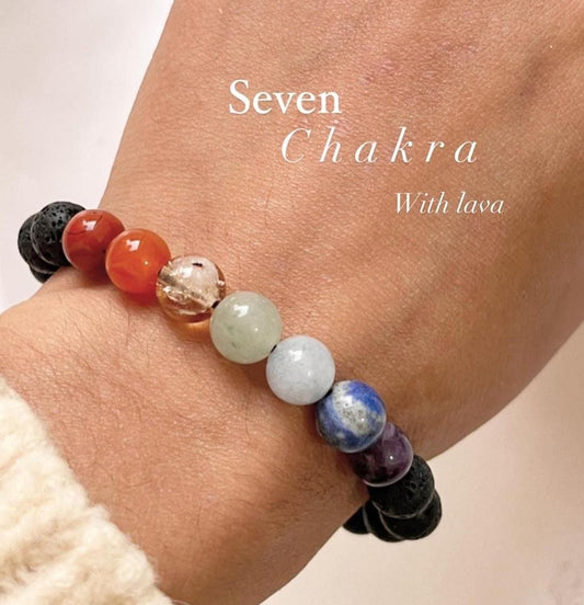 Seven Chakra with Black Lava Natural Crystal Bracelet 8MM