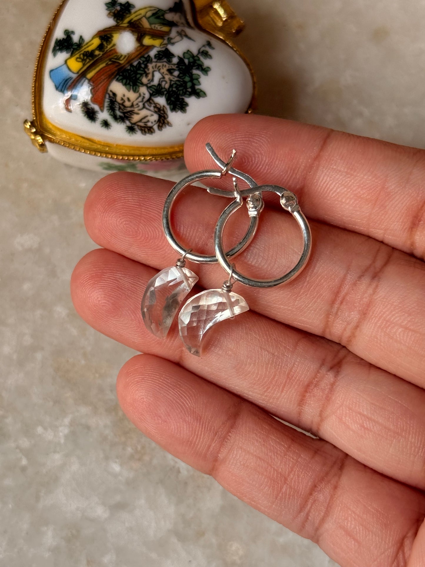 925 Sterling Silver Clear Quartz Moon Carved Charm Italian Hoops
