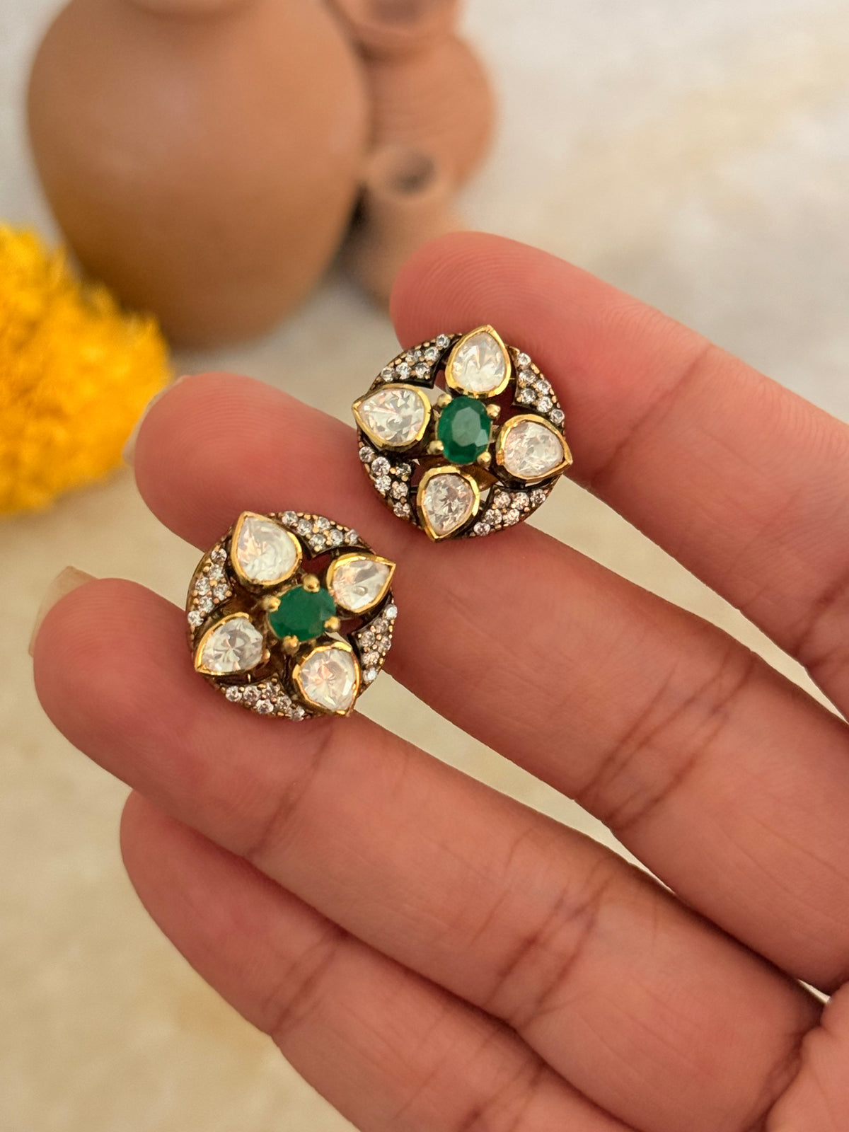 925 Sterling Silver Gold Plated Moissanite Polki Green Onyx Studs Earrings