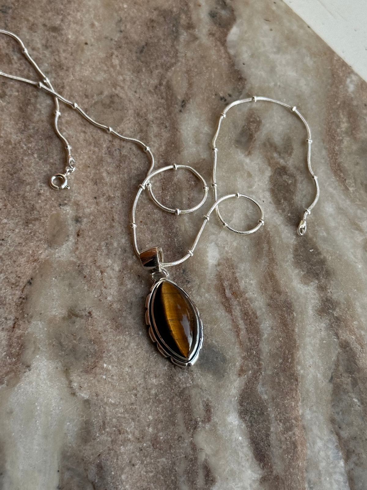 925 Sterling Silver Tiger Eye Marquise Handcrafted One of a Kind Pendant