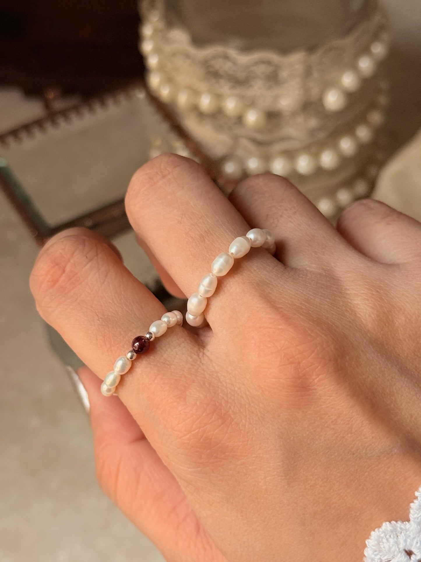 Natural Crystal Stretchy Fresh Water Pearl & Garnet Silver Ball Rings