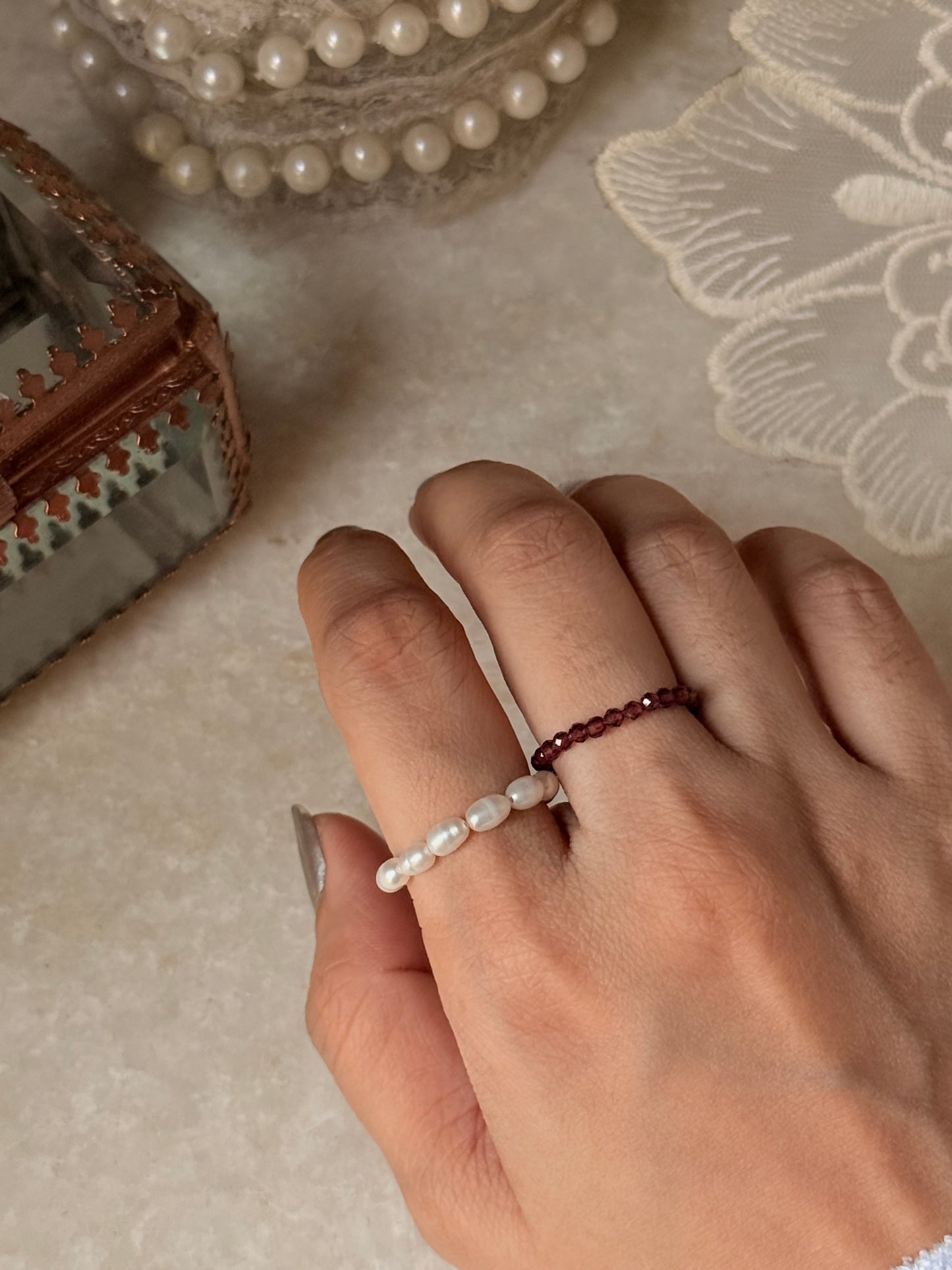 Natural Crystal Stretchy Fresh Water Pearl & Garnet Rings