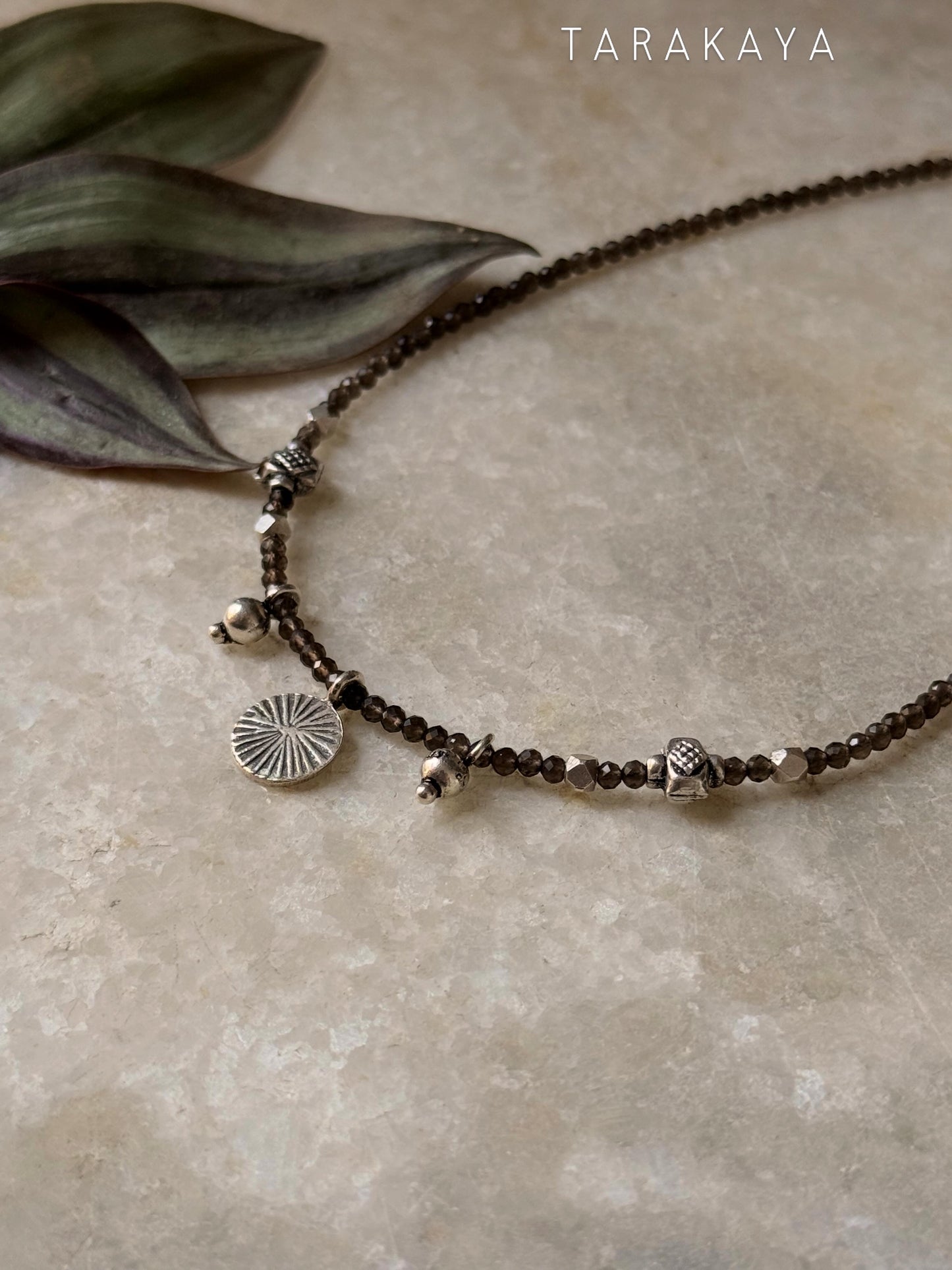 925 Sterling Silver Smokey Quartz 2mm & Hill Tribe Coin Charm & Silver Beads Handcrafted Necklace