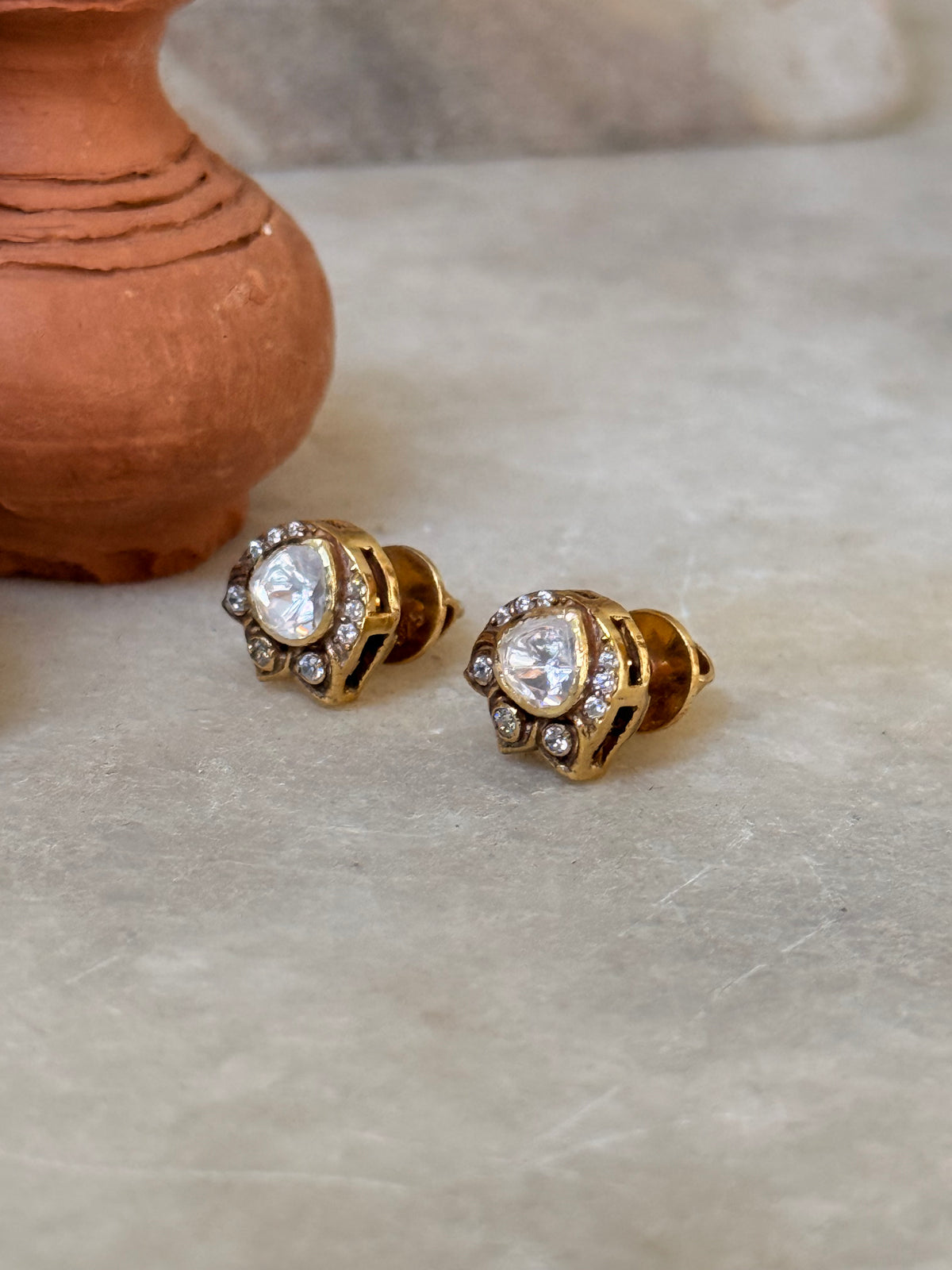 925 Sterling Silver Gold Plated Moissanite Polki Studs Earrings
