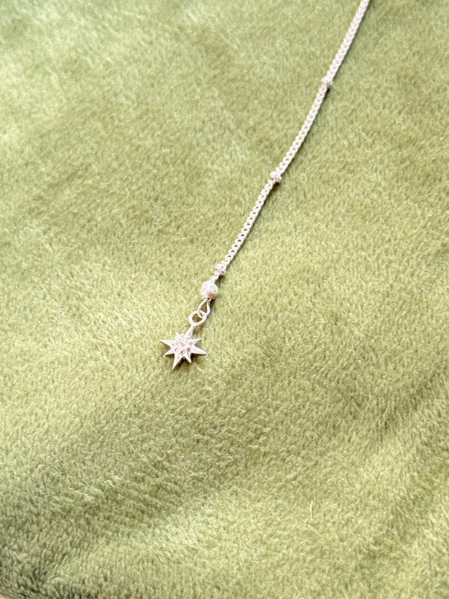 925 Sterling Silver White Topaz North Star Charm ~Cable Dot Handcrafted Mid Lariat Necklace