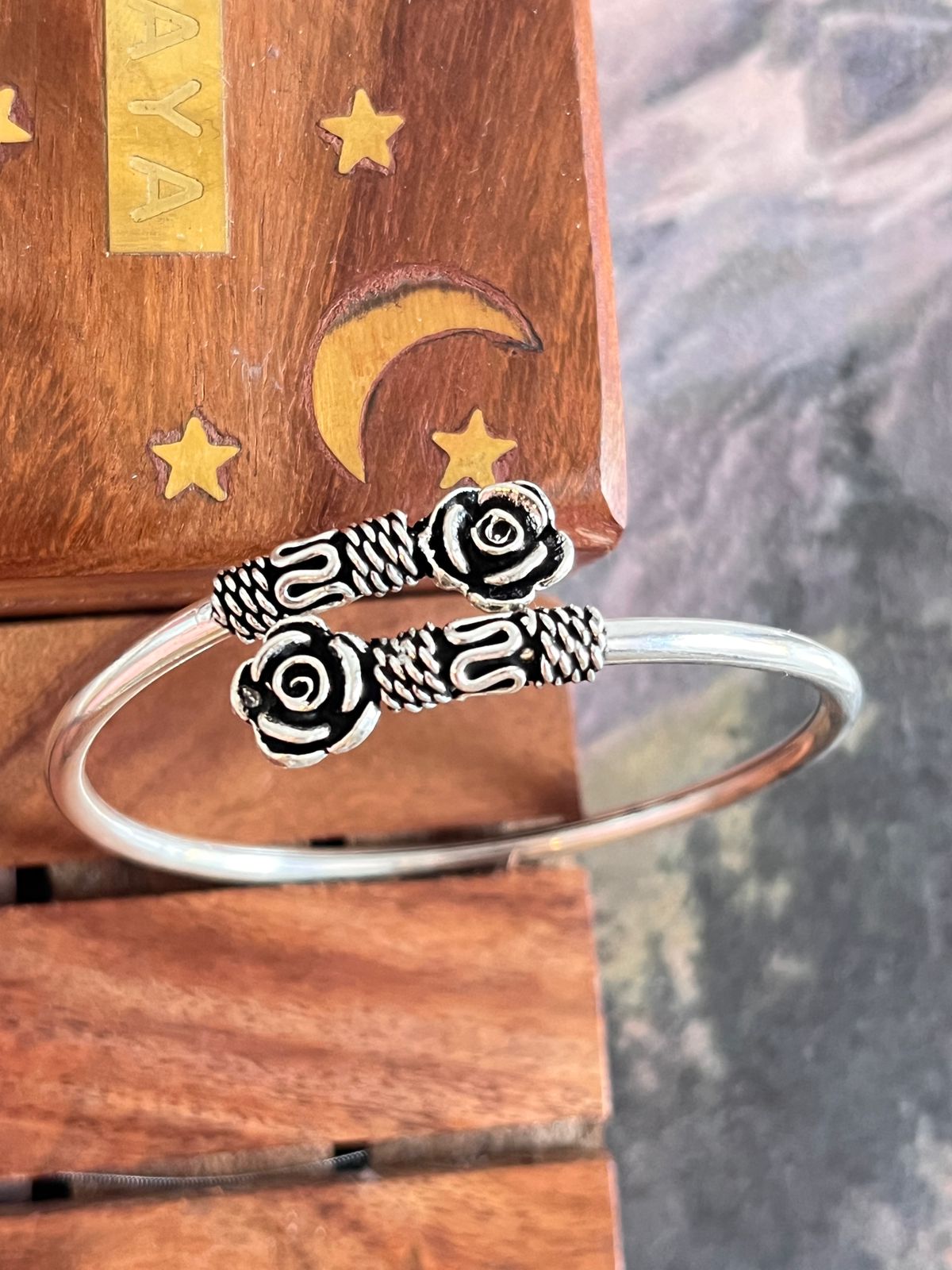 Handcrafted Antique Rose Adjustable Silver Kada