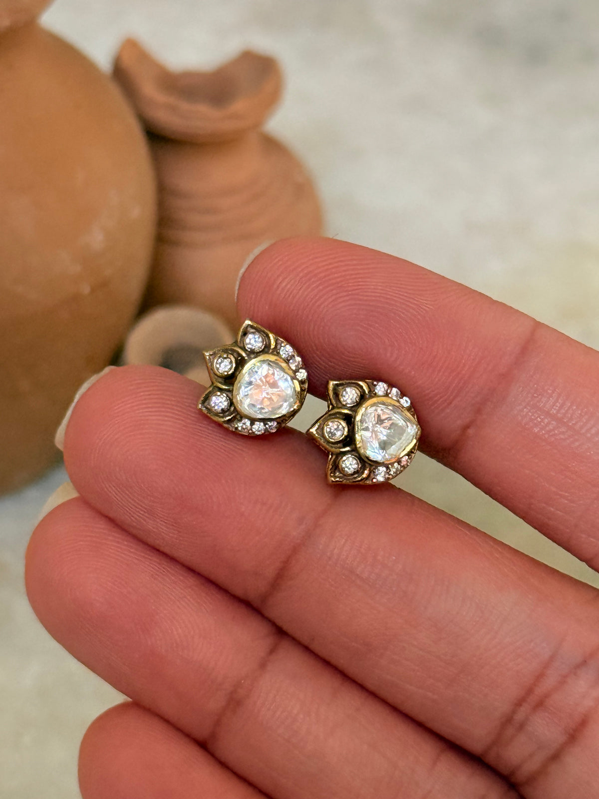 925 Sterling Silver Gold Plated Moissanite Polki Studs Earrings