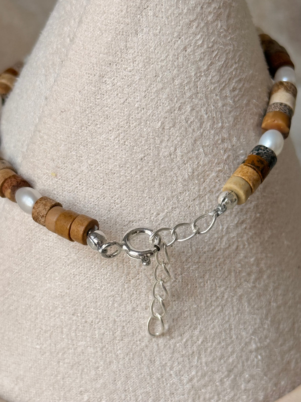 925 Sterling Silver Picture Jasper Flat Tube Crystal Fresh Water Pearls Bracelet