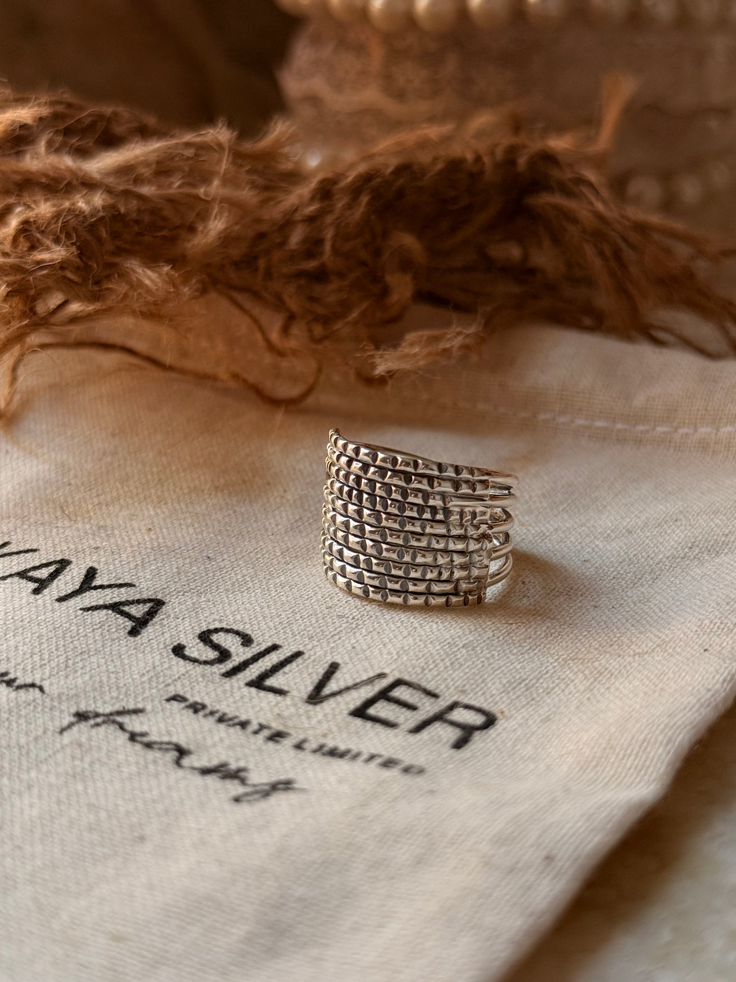925 Sterling Silver Tribal Textured Fixed Wire Stack Band Ring