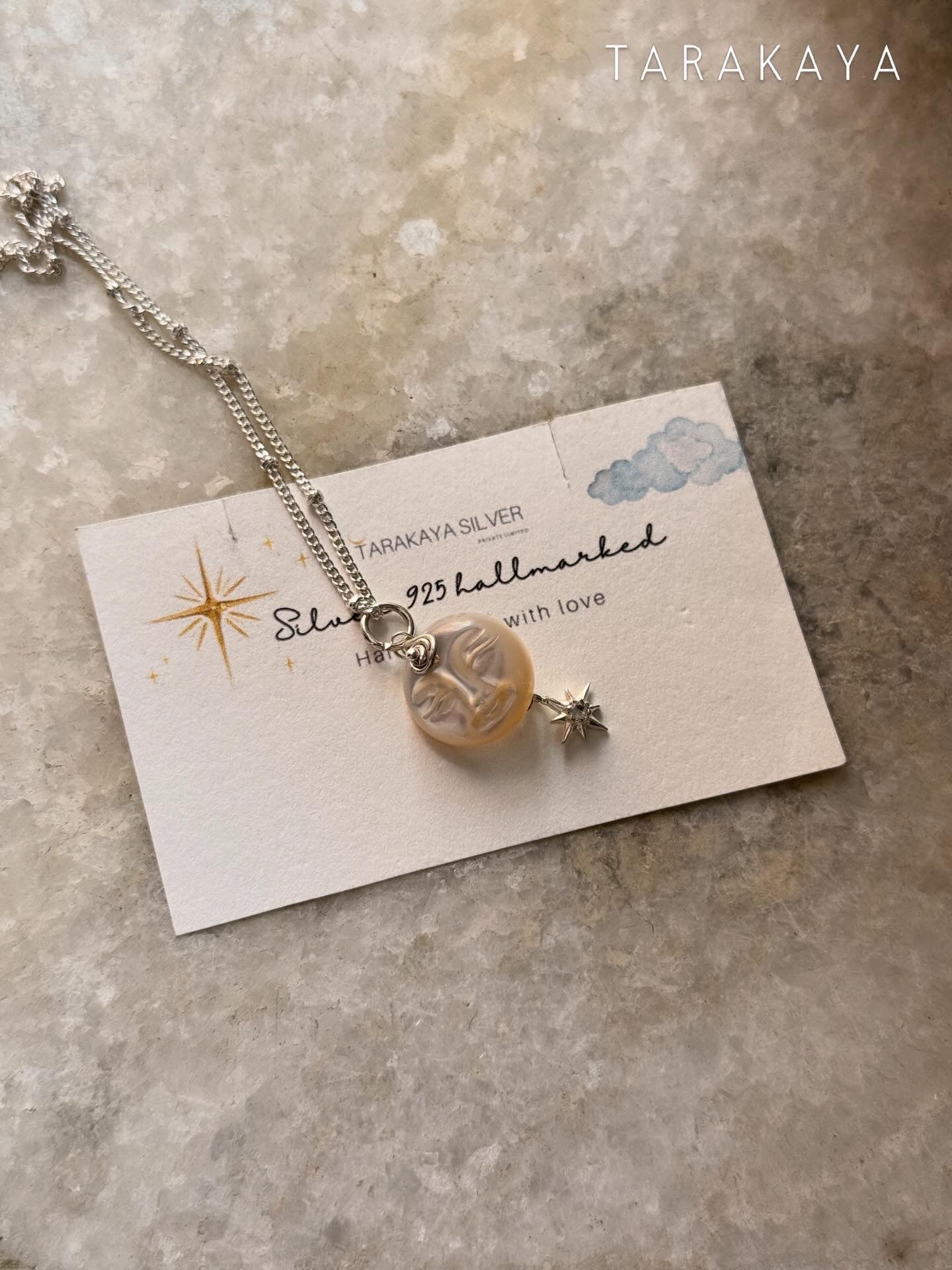 925 Sterling Silver Mother of Pearl Full Moon Face Carved White Topaz North Star Cable Dot Handcrafted Necklace