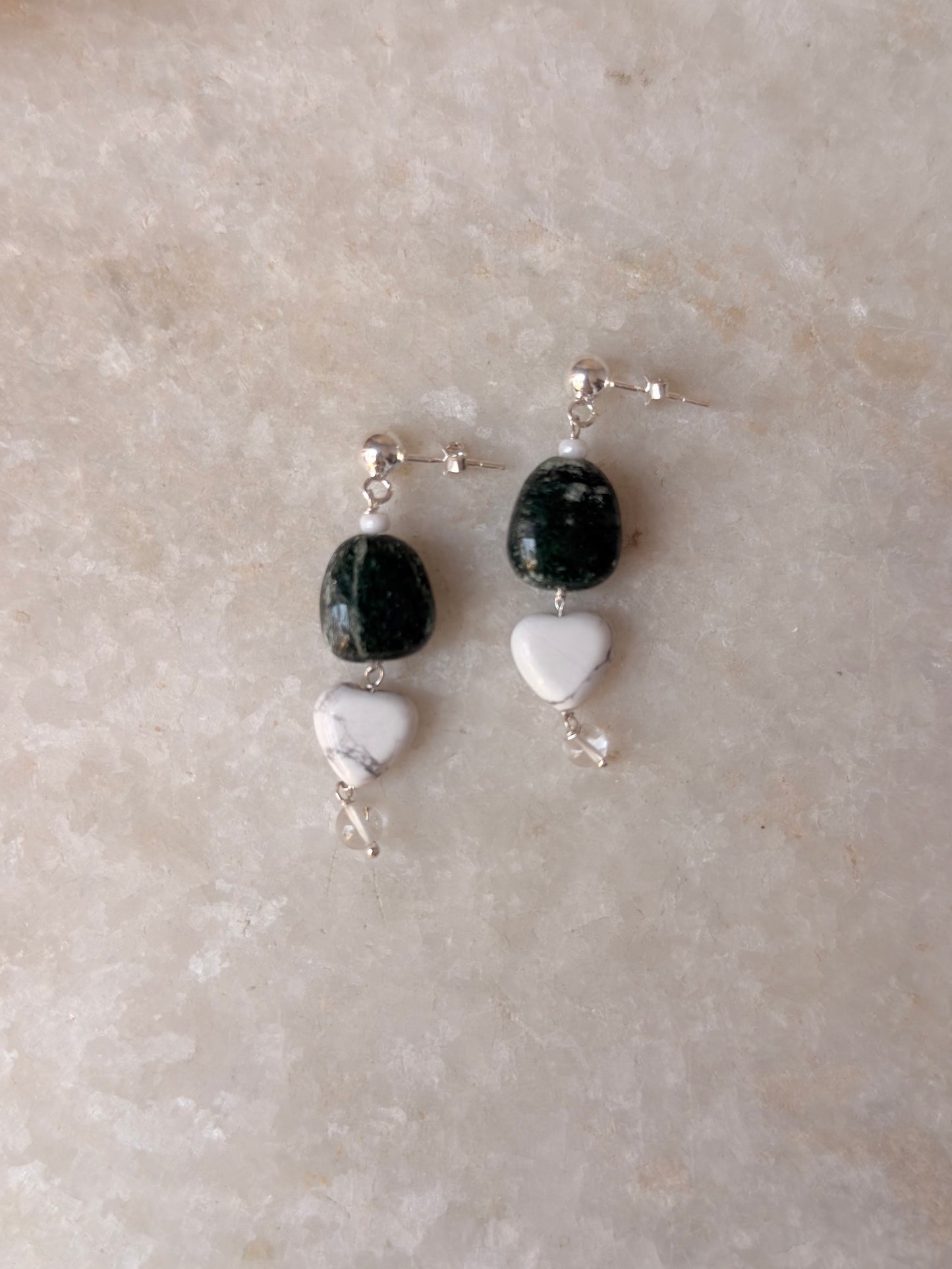 925 Sterling Silver Green Aventurine, Howlite & Clear Quartz Earrings