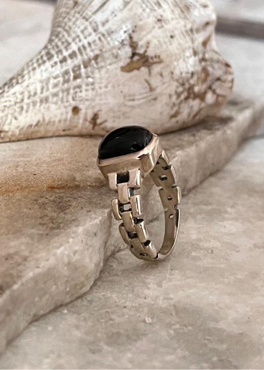 925 Sterling Silver Bold Cuban Link Onyx Ring