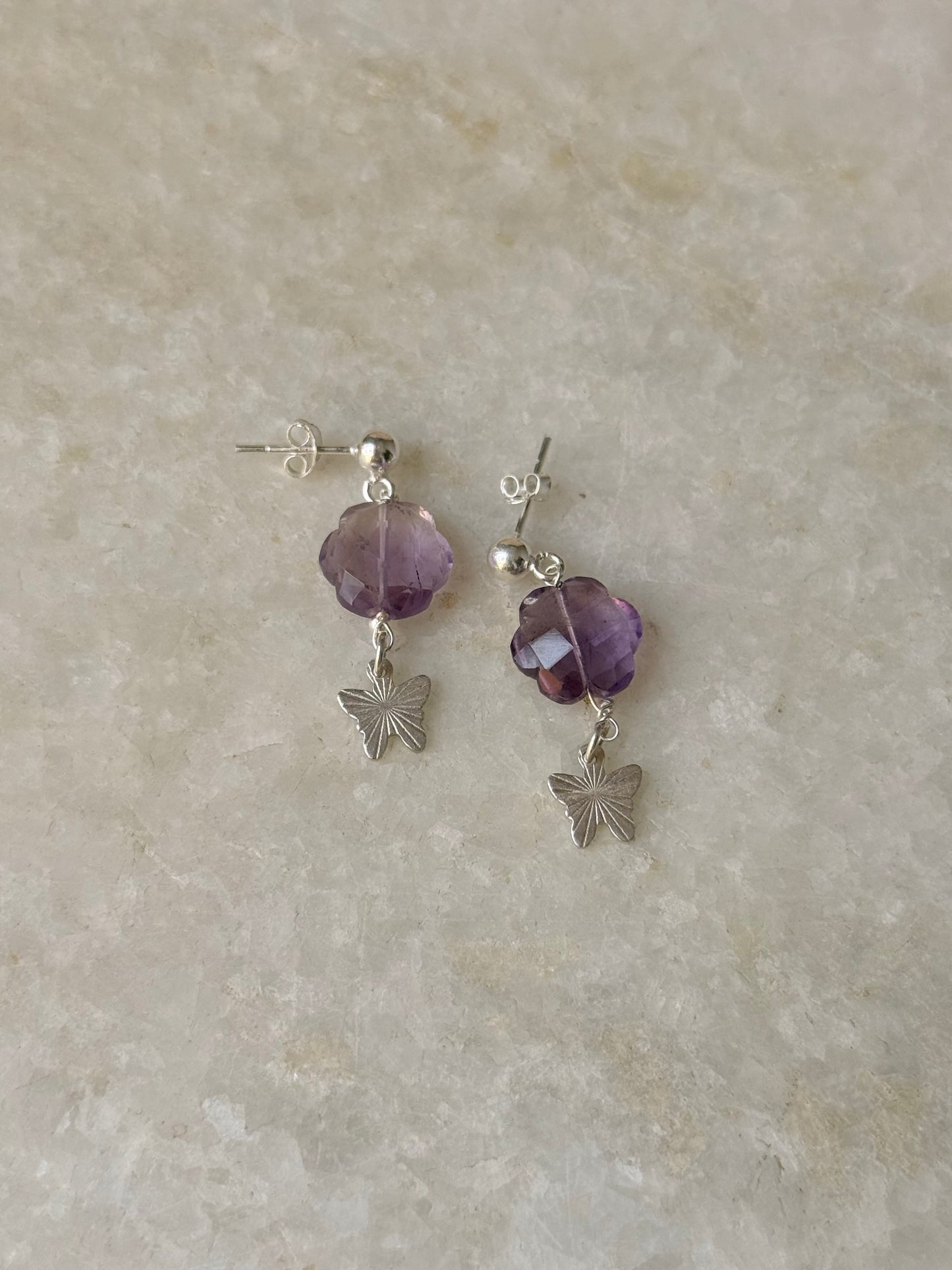 925 Sterling Silver Amethyst Floral Charm Butterfly Handcrafted Studs