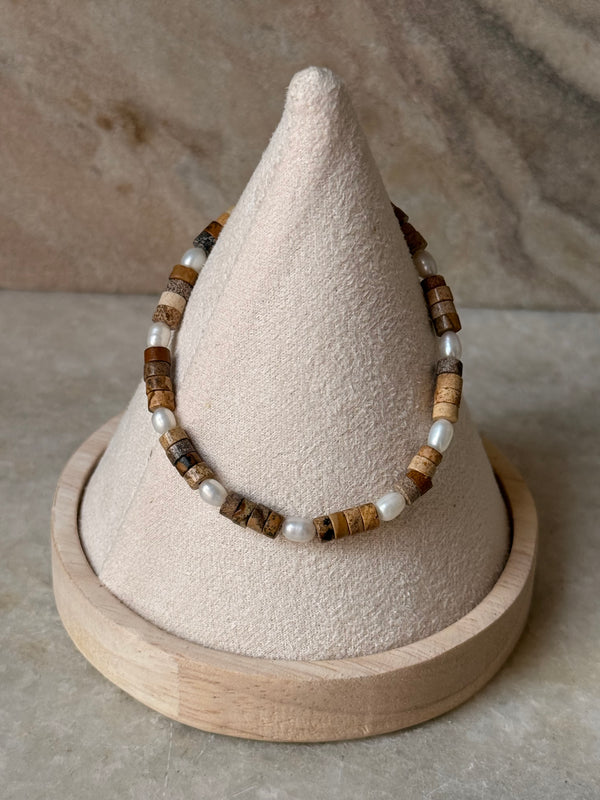 925 Sterling Silver Picture Jasper Flat Tube Crystal Fresh Water Pearls Bracelet
