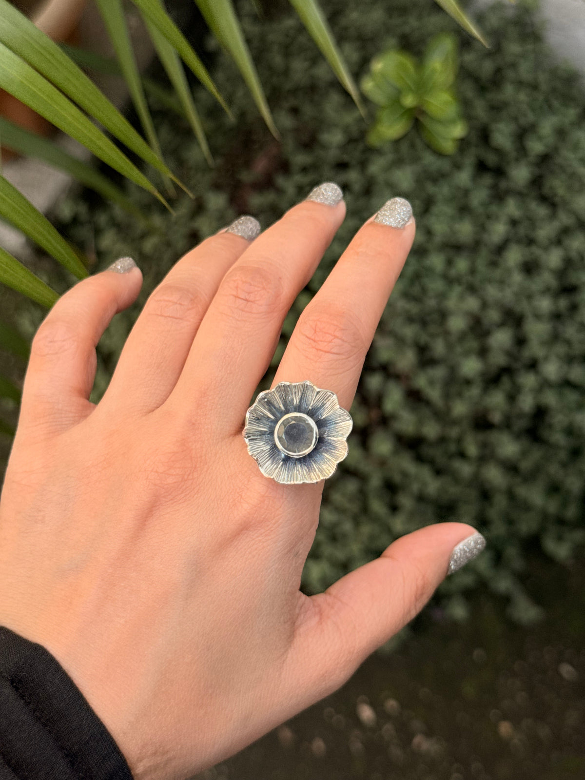 925 Sterling Silver Labradorite & CZ Flower Ring