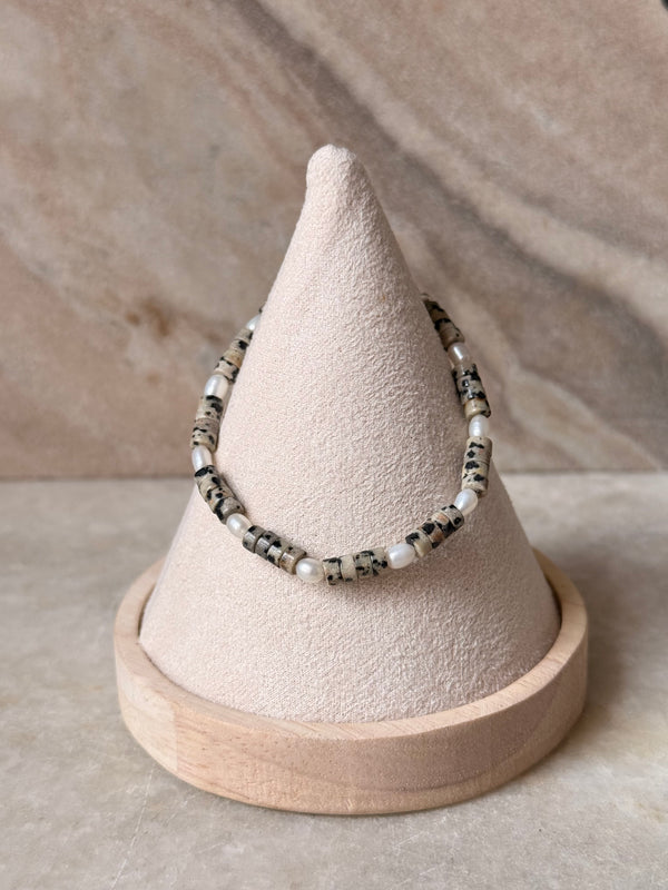 925 Sterling Silver Dalmatian Jasper Flat Tube Crystal Fresh Water Pearls Bracelet