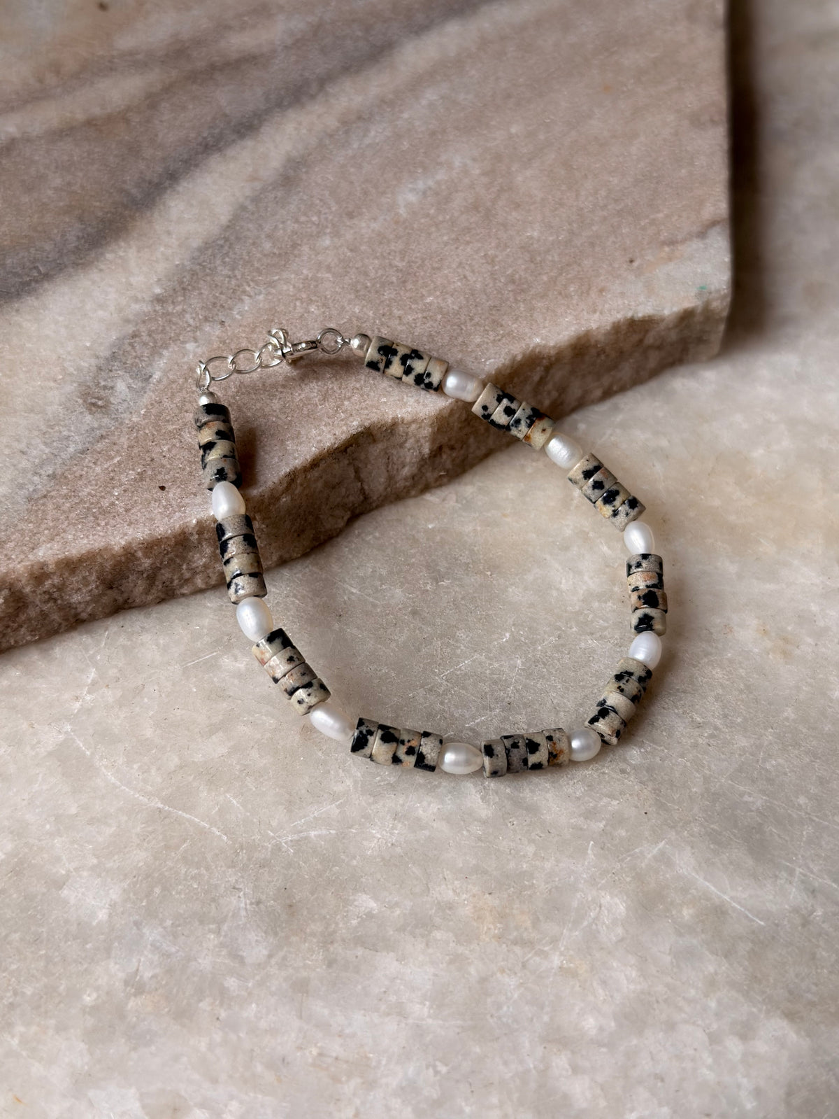 925 Sterling Silver Dalmatian Jasper Flat Tube Crystal Fresh Water Pearls Bracelet