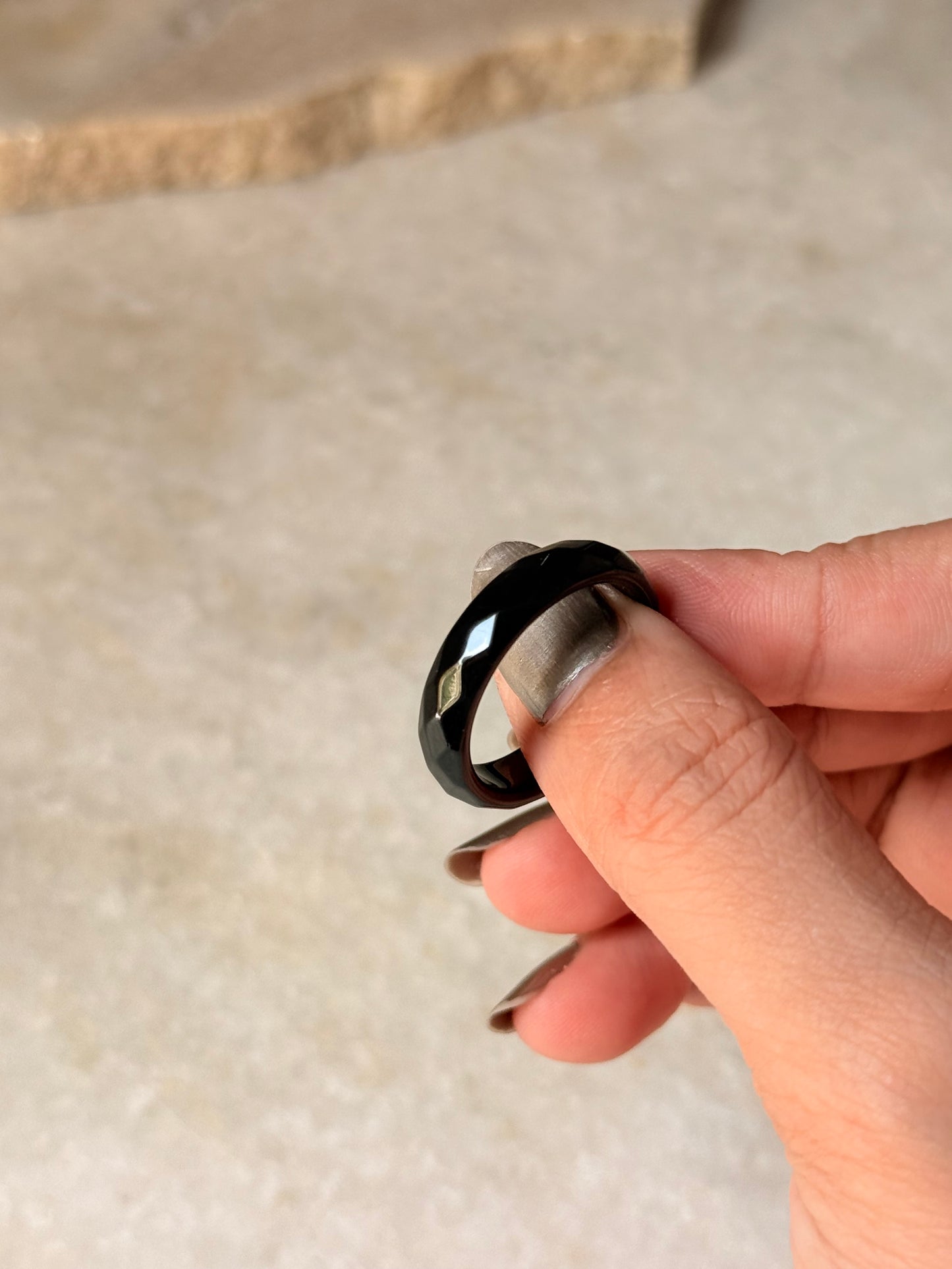 Natural Crystal Faceted Black Agate Band Ring