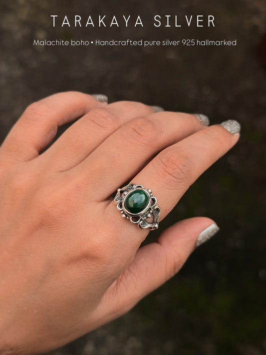 925 Sterling Silver Malachite Boho Statement Ring