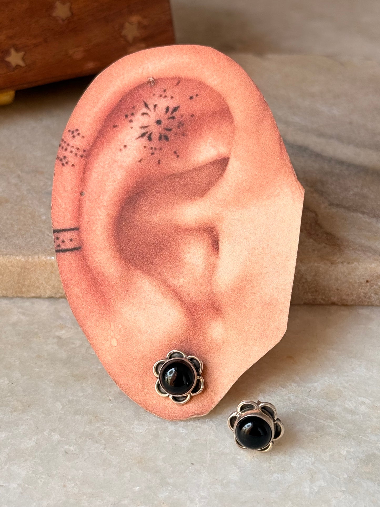 925 sterling silver Black Onyx Flower Studs Earrings