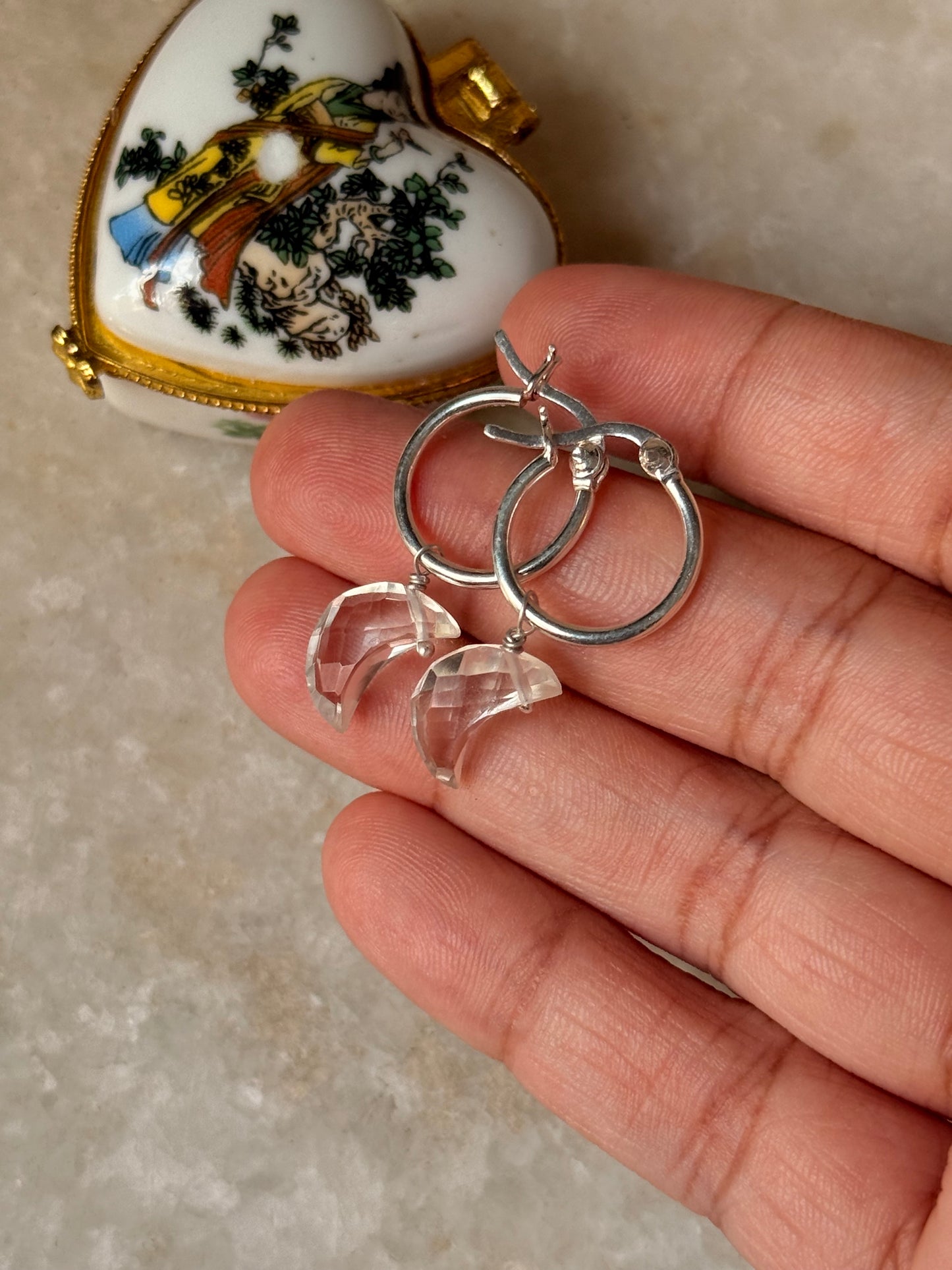925 Sterling Silver Clear Quartz Moon Carved Charm Italian Hoops