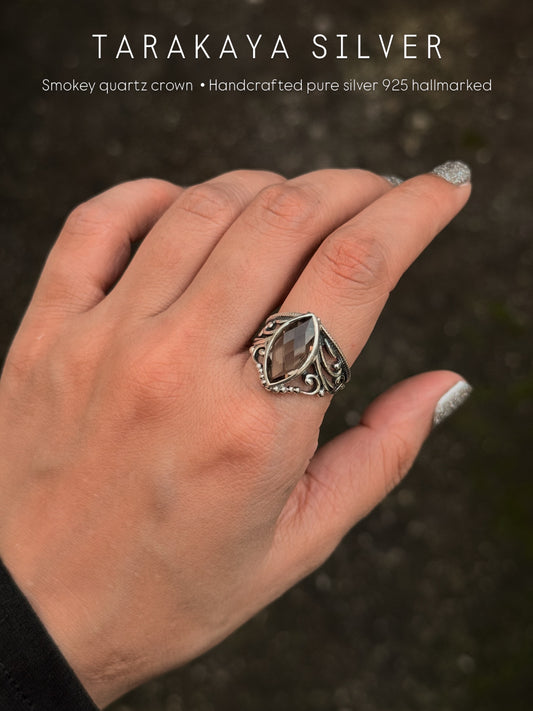 925 Sterling Silver Smokey Quartz Marquise Vintage Crown Ring