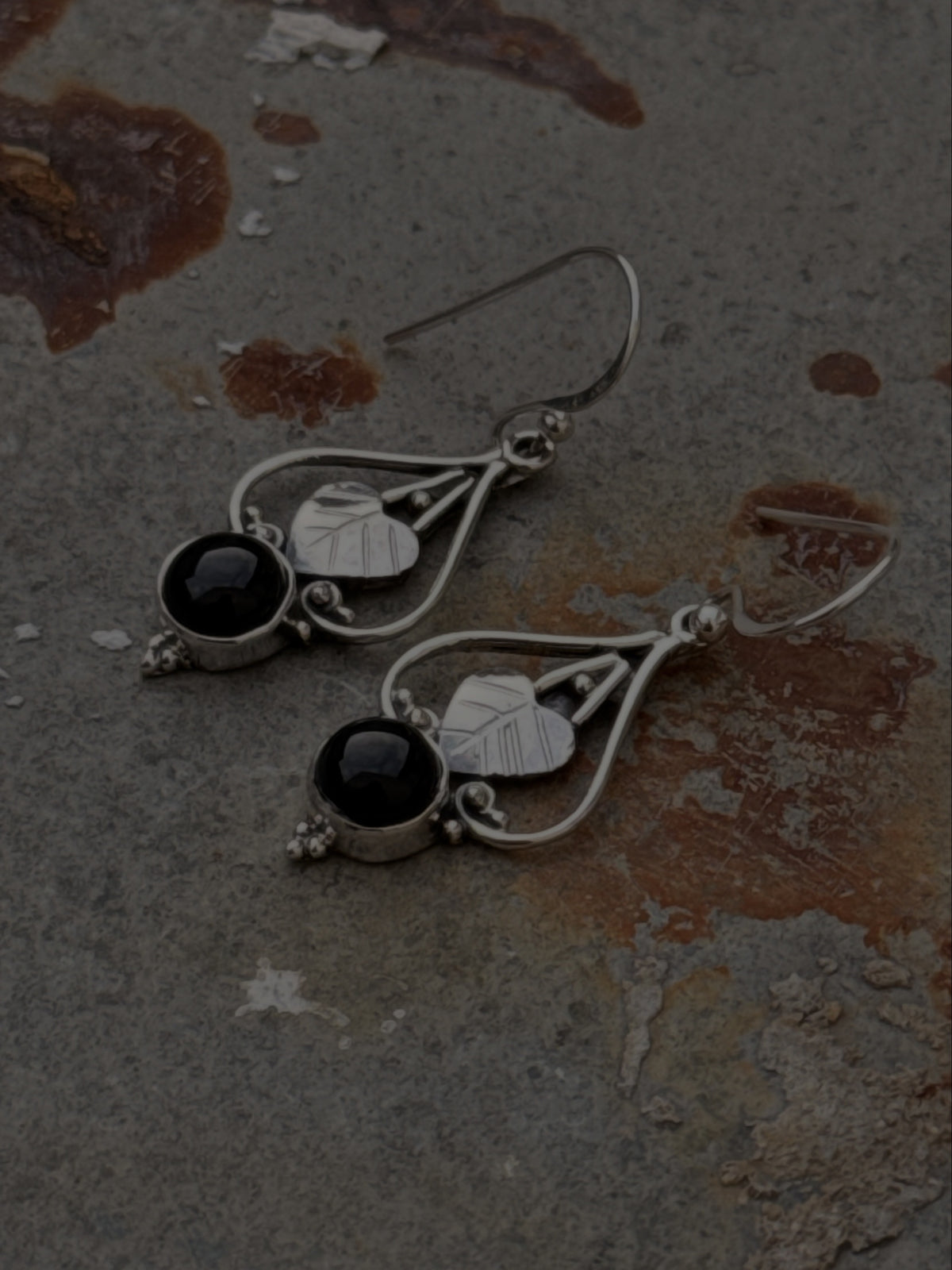 925 Sterling Silver Black Onyx Pear Leaf Rustic Hook Earrings