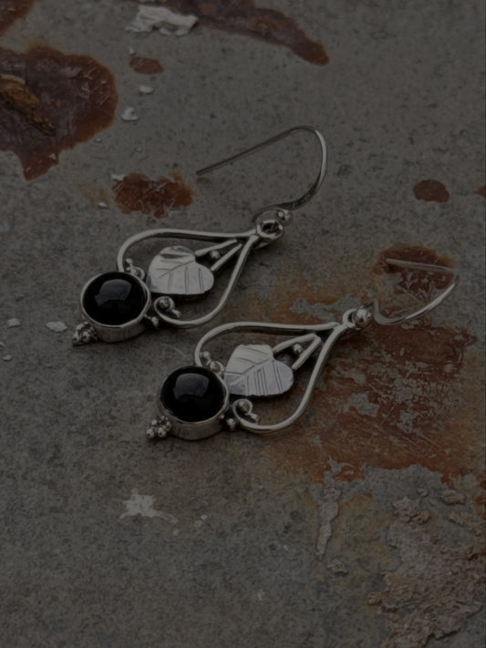 925 Sterling Silver Black Onyx Pear Leaf Rustic Handcrafted Hook Earrings