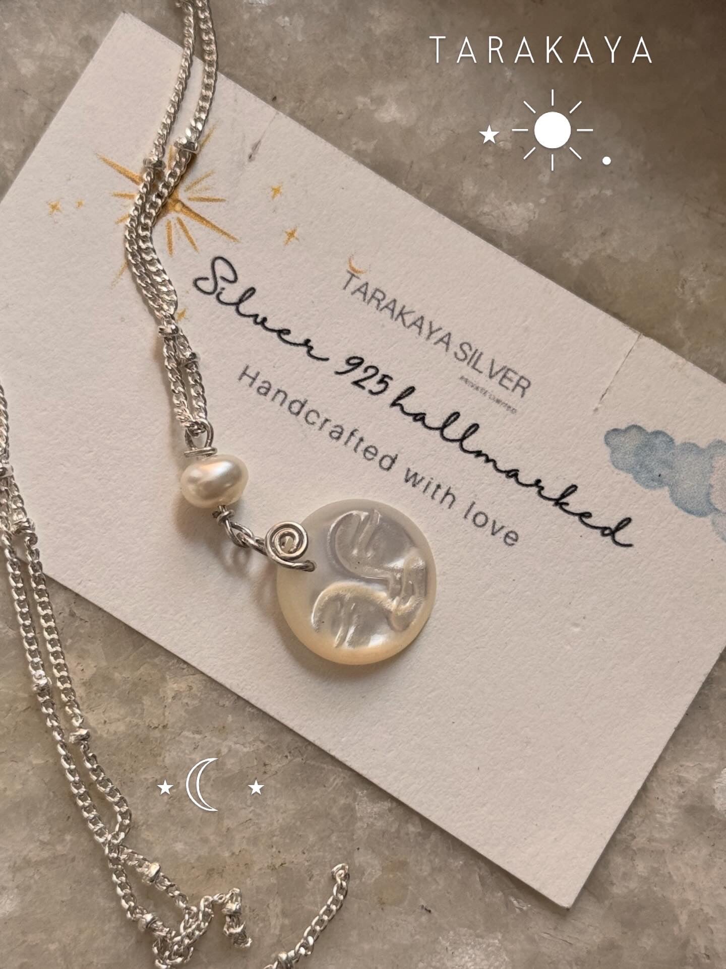 925 Sterling Silver Mother of Pearl Moon Face, Fresh Water Pearl Spiral Cable Dot Handcrafted Necklace