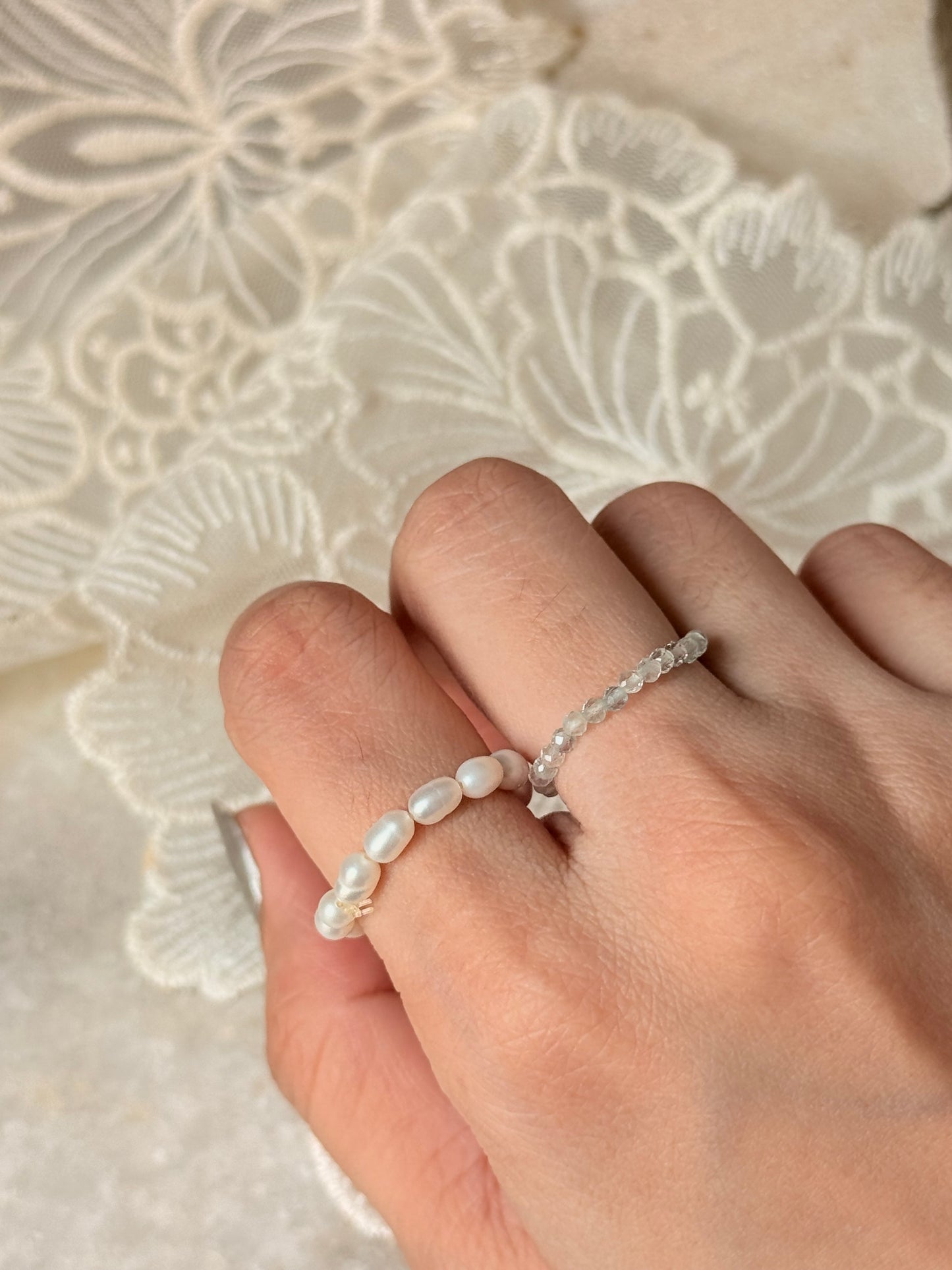 Natural Crystal Stretchy Fresh Water Pearl & Fluorite Rings