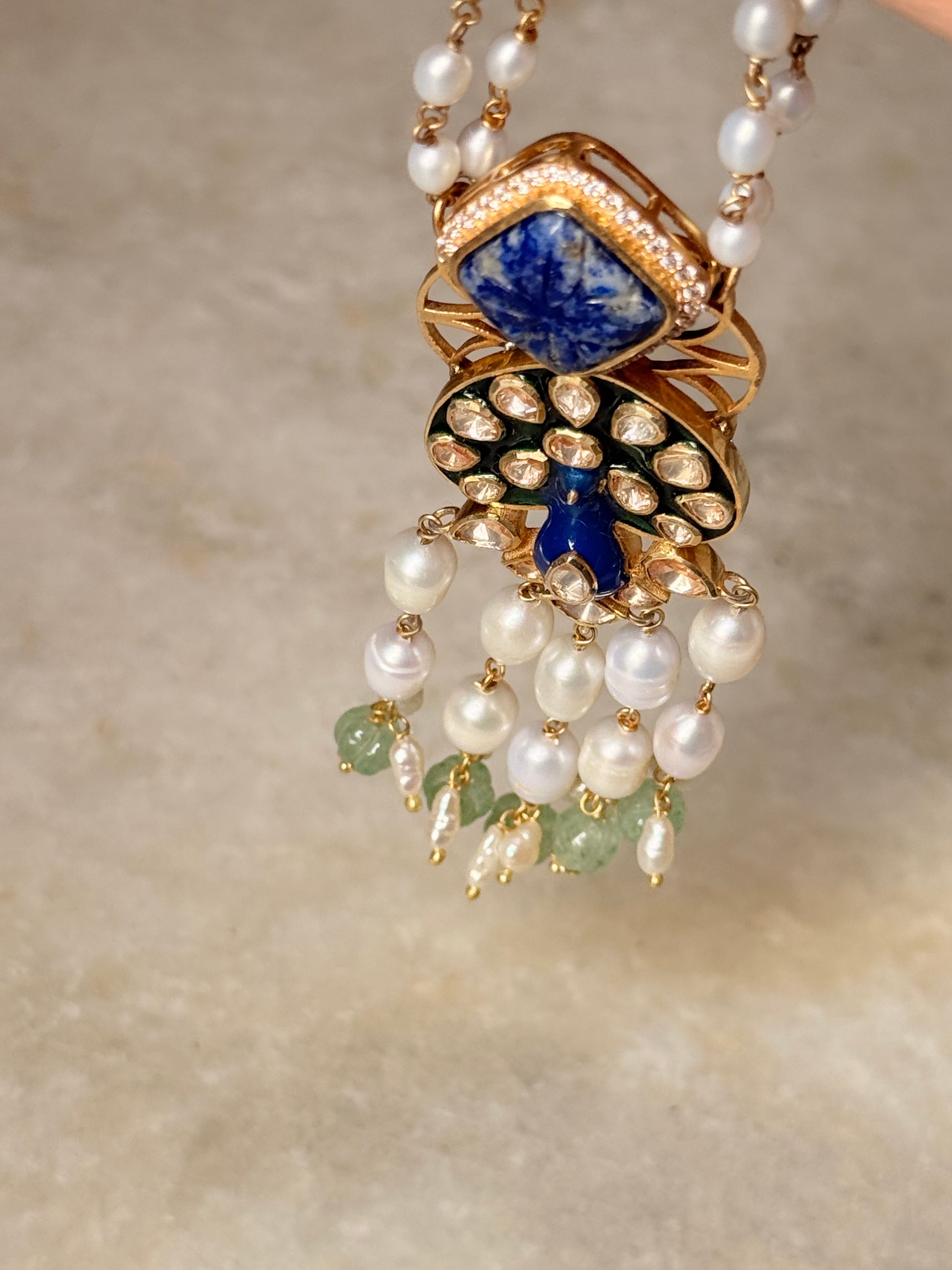 925 Sterling Silver Gold Plated Peacock Meenakari Necklace with Freshwater Pearls, Lapis and Strawberry Quartz