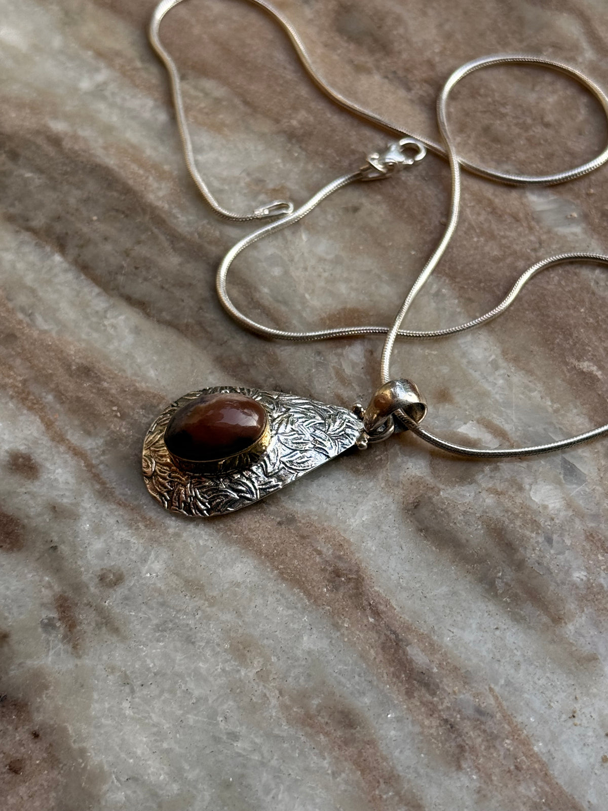 925 Sterling Silver Brown Agate Oval Stone Textured Pear Handcrafted Pendant