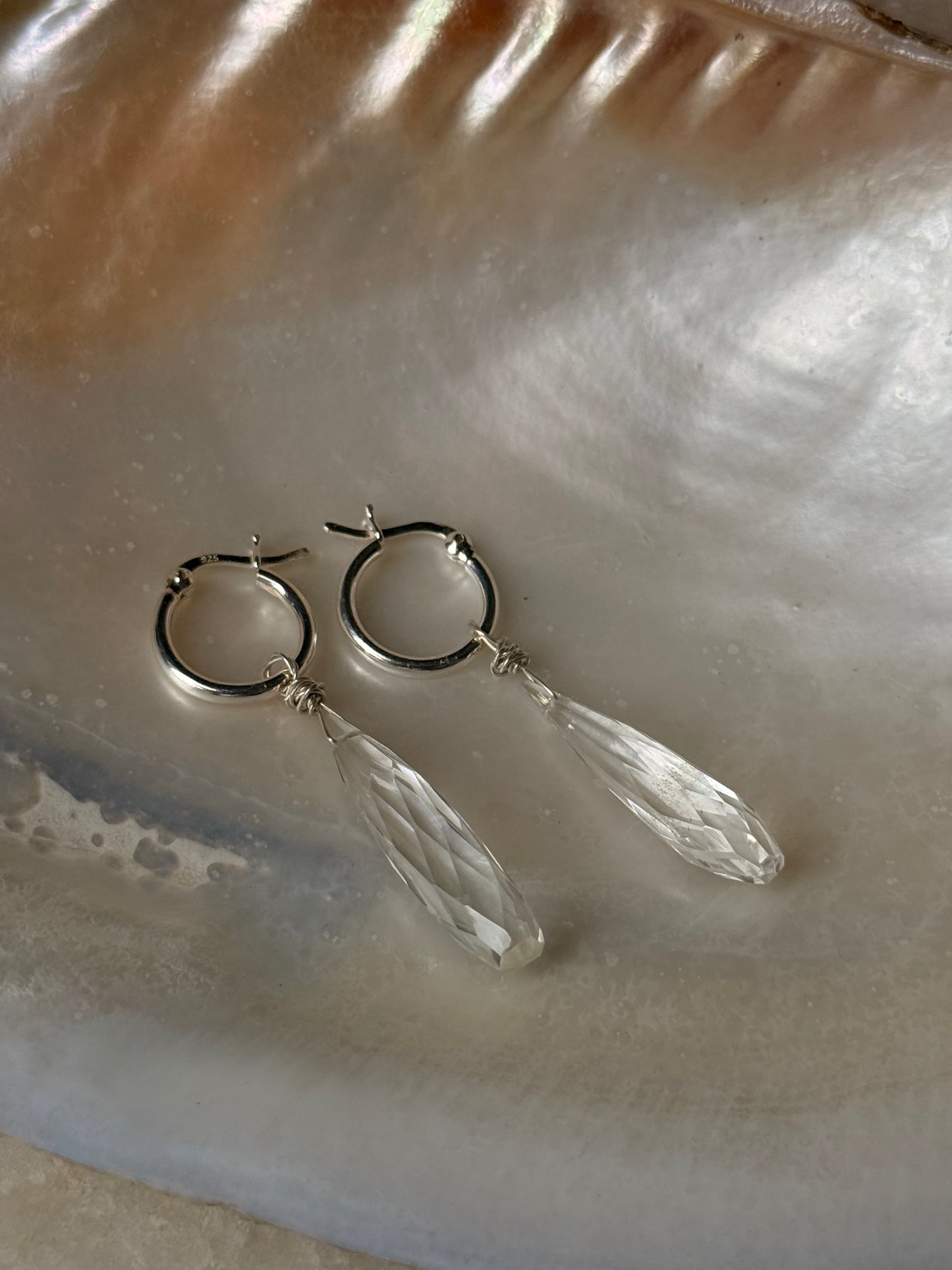 925 Sterling Silver Clear Quartz Drop Carved Charm Italian Hoops Handcrafted