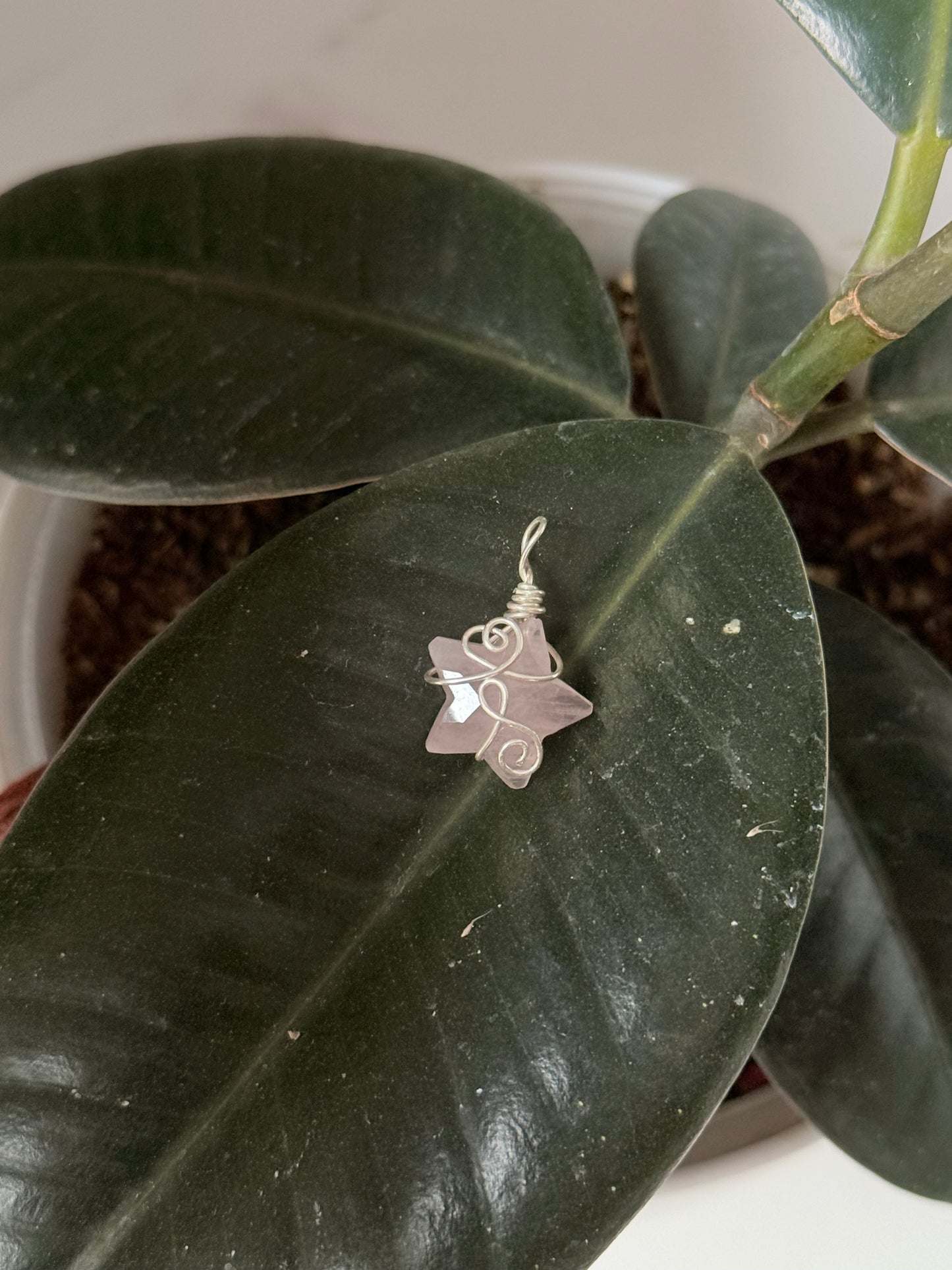 925 Sterling Silver Rose Quartz Star Wire Wrapped Handcrafted Pendant