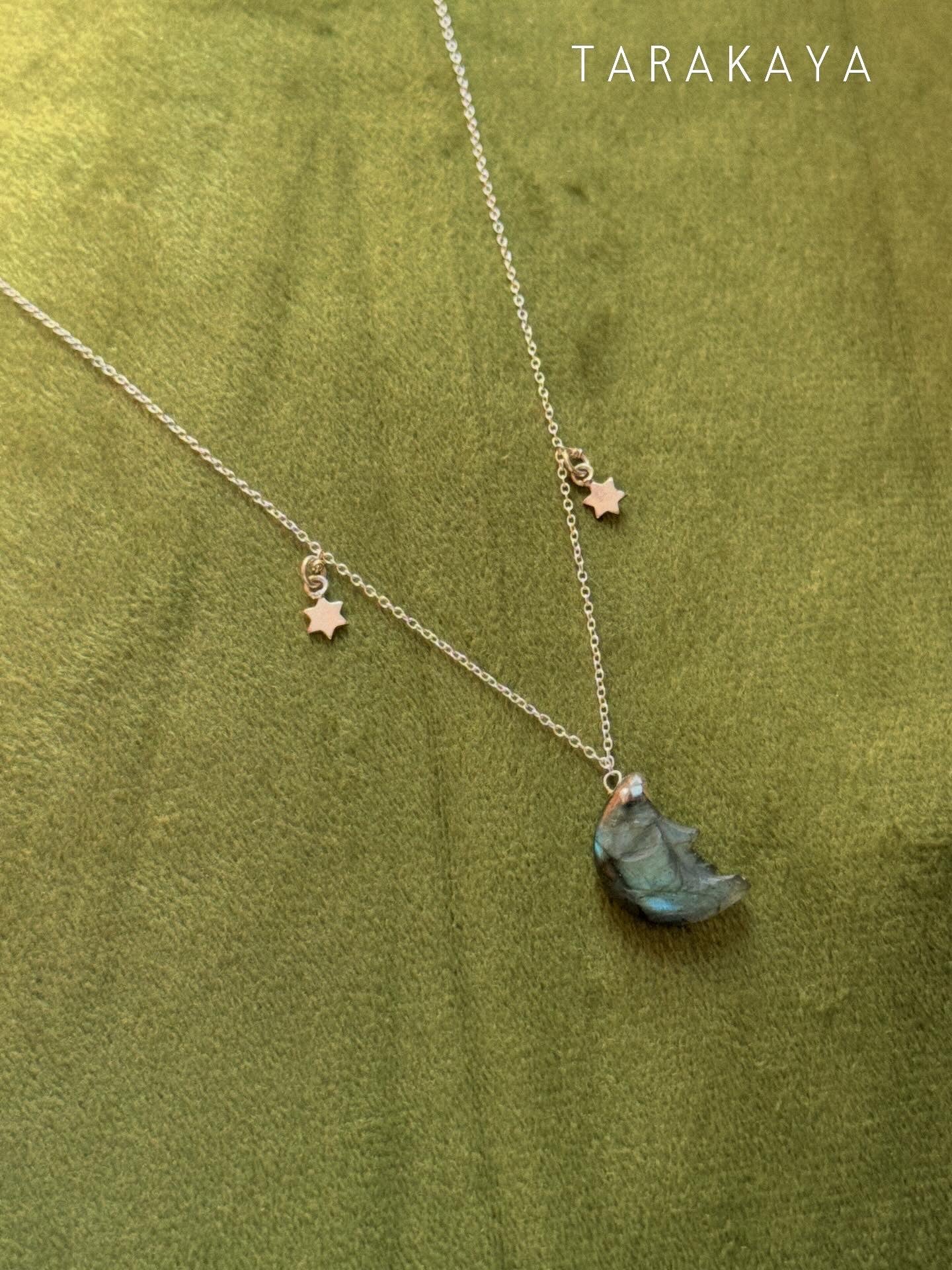 925 Sterling Silver Labradorite Half Moon Face Double Silver Star Handcrafted Necklace