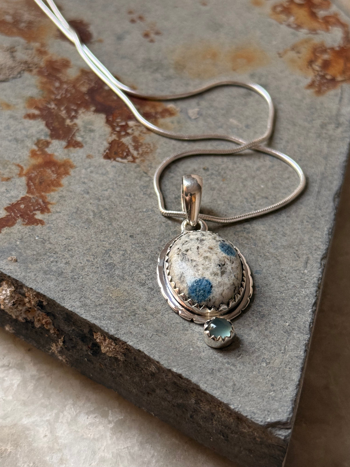 925 Sterling Silver K2 Jasper & Aquamarine Round Handcrafted One of a Kind Oval Pendant