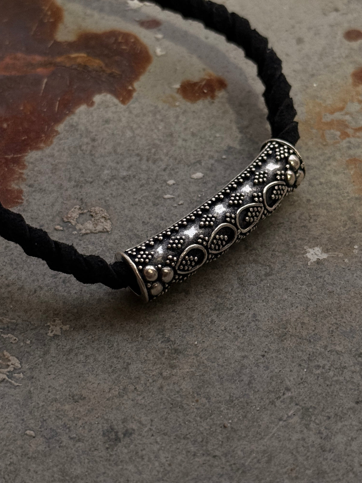 925 Sterling Silver Black Leather Cord Knot Mandali Choker Necklace