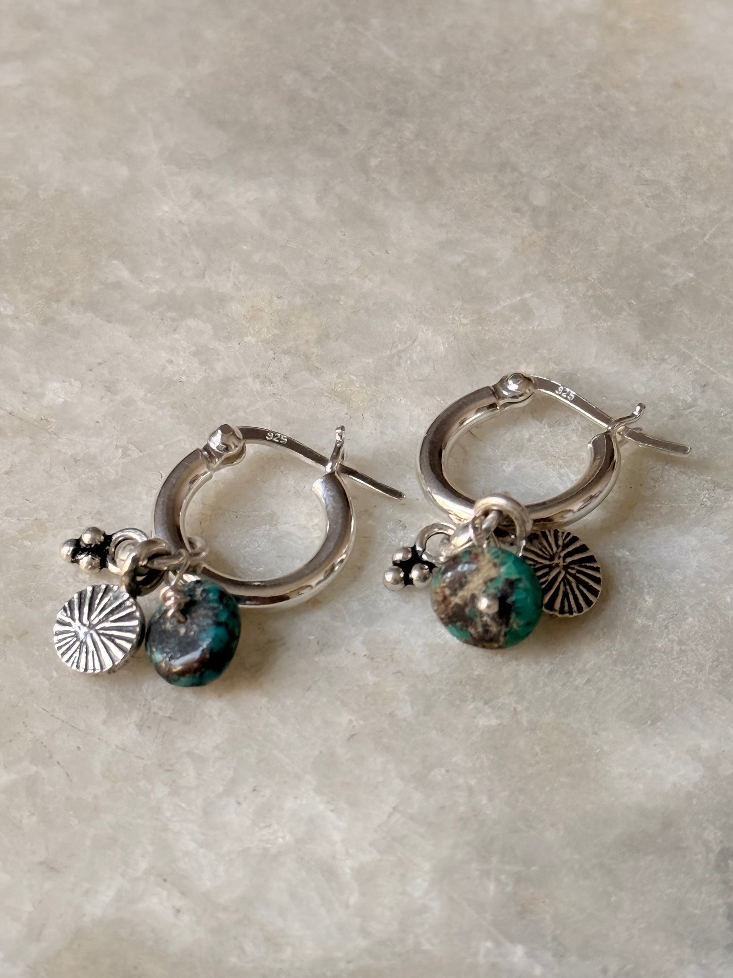 925 Sterling Silver Hill Tribe Handcrafted Coin Charm,Kingsman Turquoise ,Rawa Tribal Charm &Silver Ball -Removal Italian Hoops