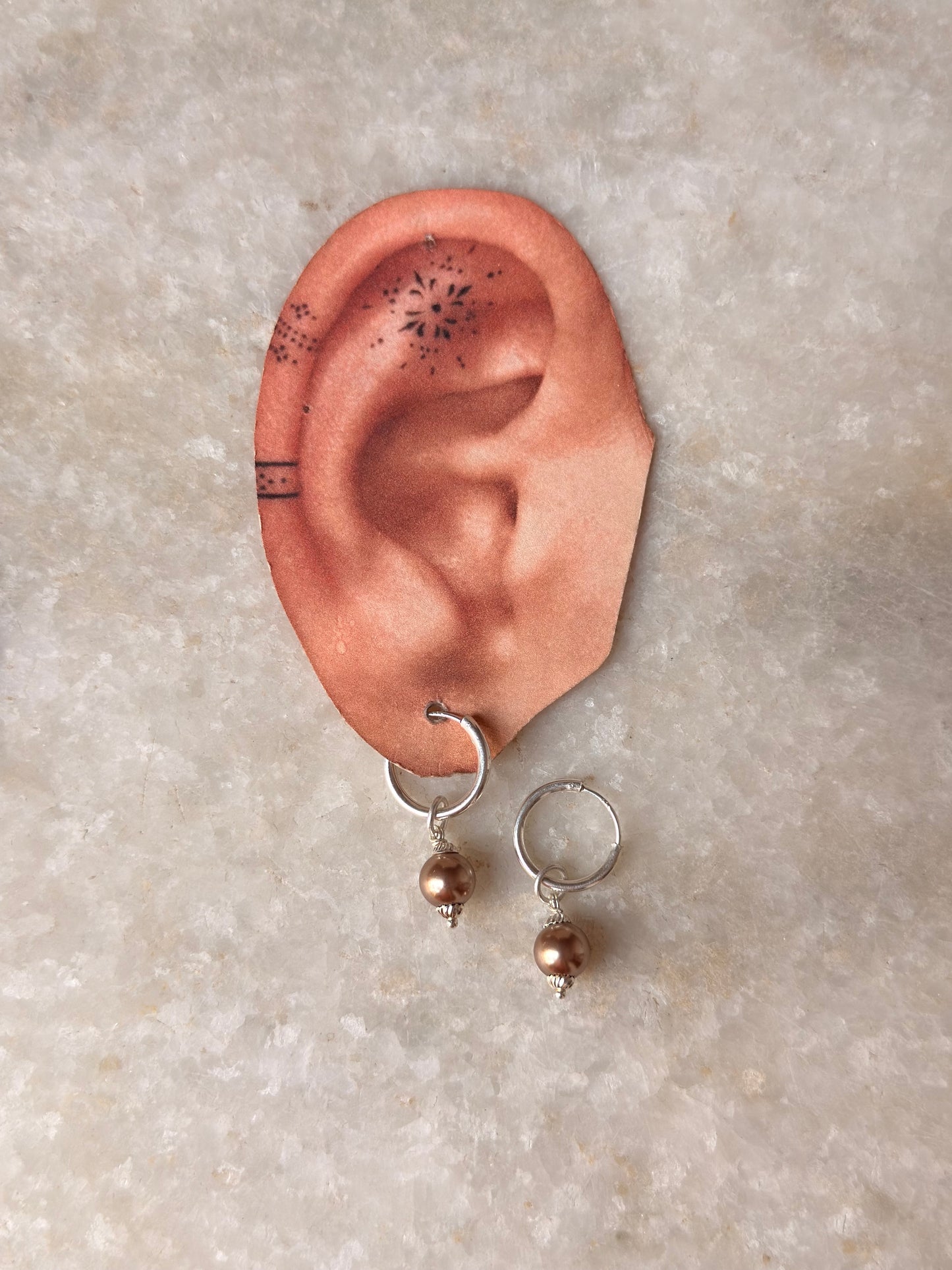 Brown Faux Pearl Charm 925 Sterling Silver Hoops